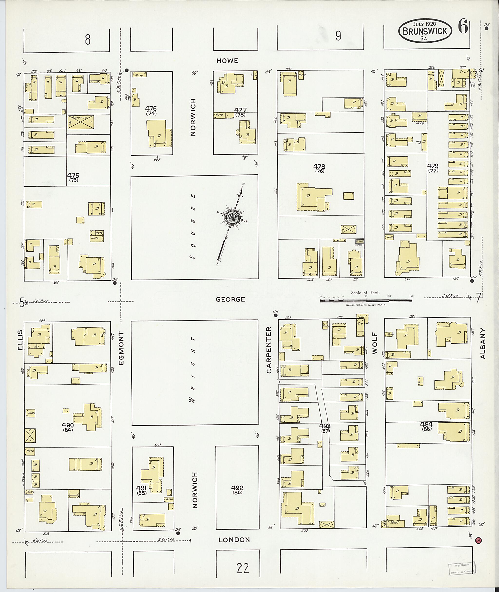 This old map of Brunswick, Glynn County, Georgia was created by Sanborn Map Company in 1920