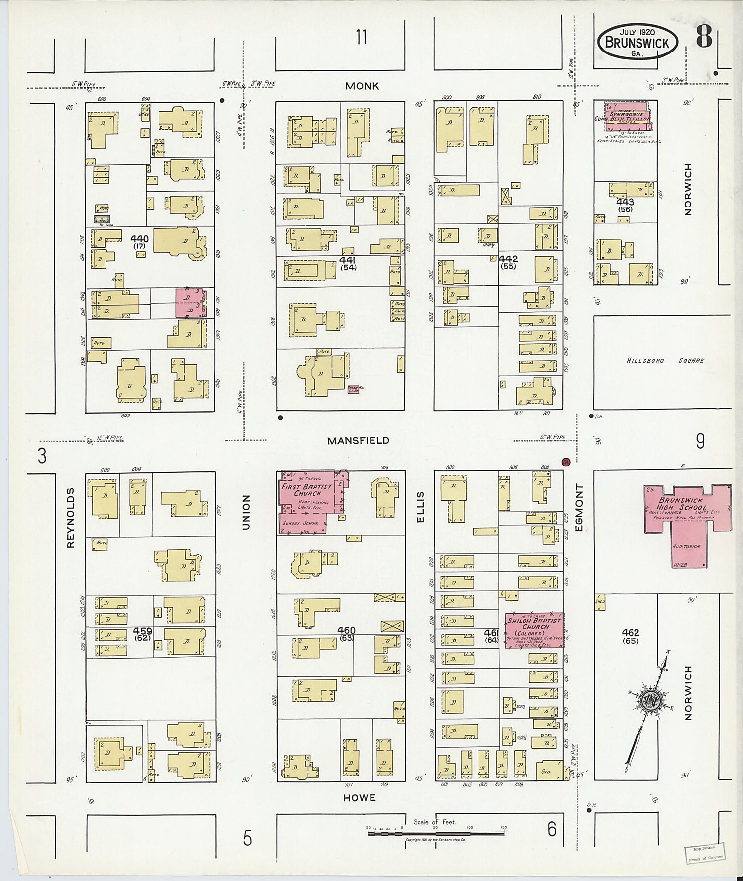 This old map of Brunswick, Glynn County, Georgia was created by Sanborn Map Company in 1920