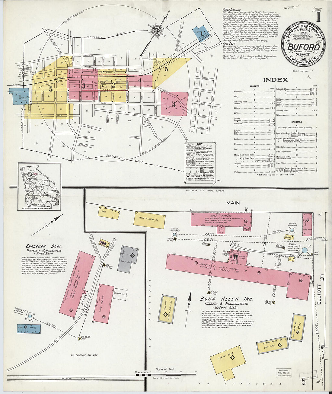 This old map of Buford, Gwinnett County, Georgia was created by Sanborn Map Company in 1921