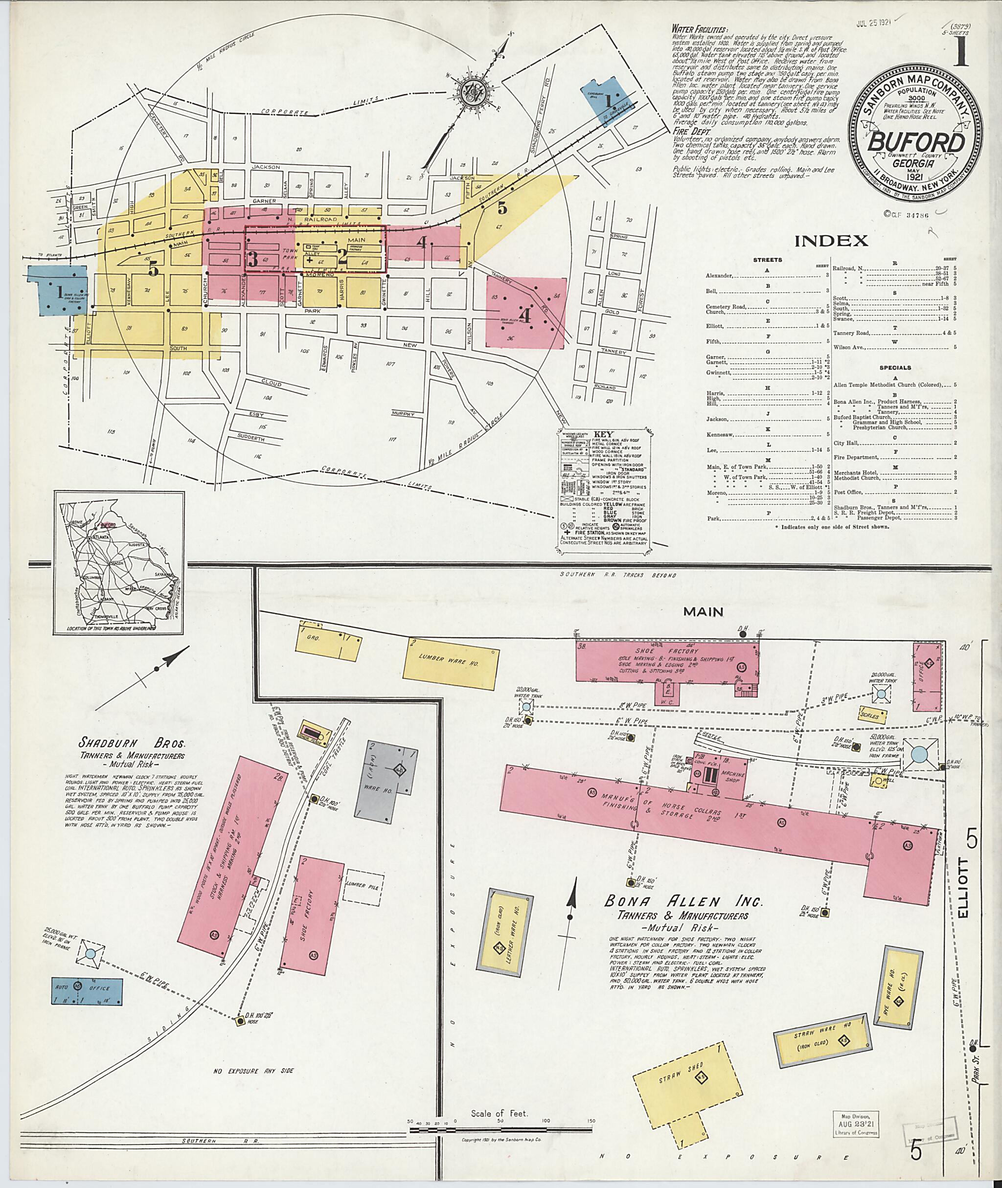 This old map of Buford, Gwinnett County, Georgia was created by Sanborn Map Company in 1921