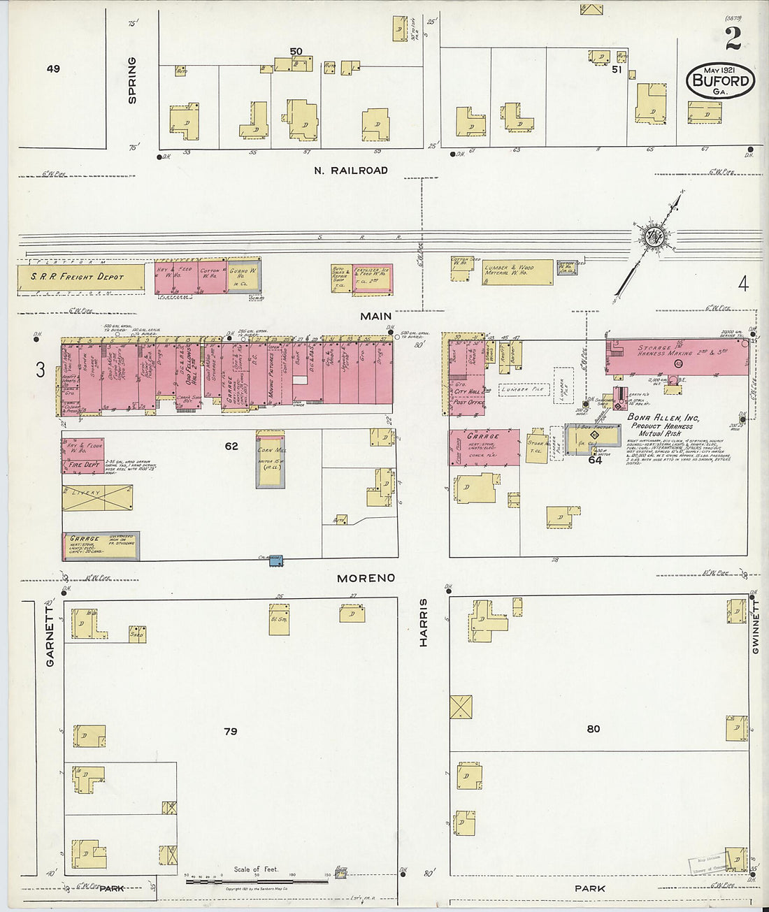 This old map of Buford, Gwinnett County, Georgia was created by Sanborn Map Company in 1921