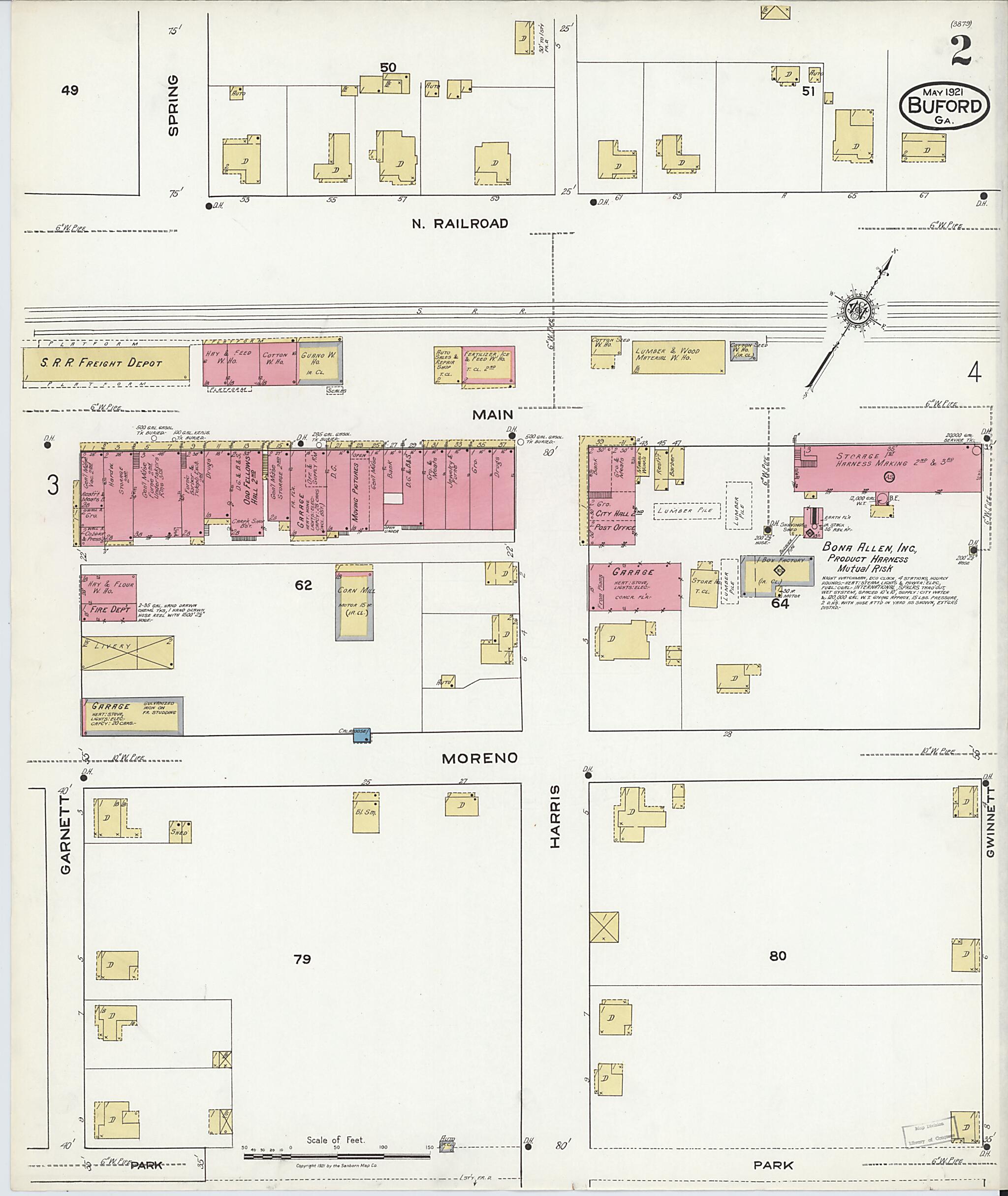 This old map of Buford, Gwinnett County, Georgia was created by Sanborn Map Company in 1921