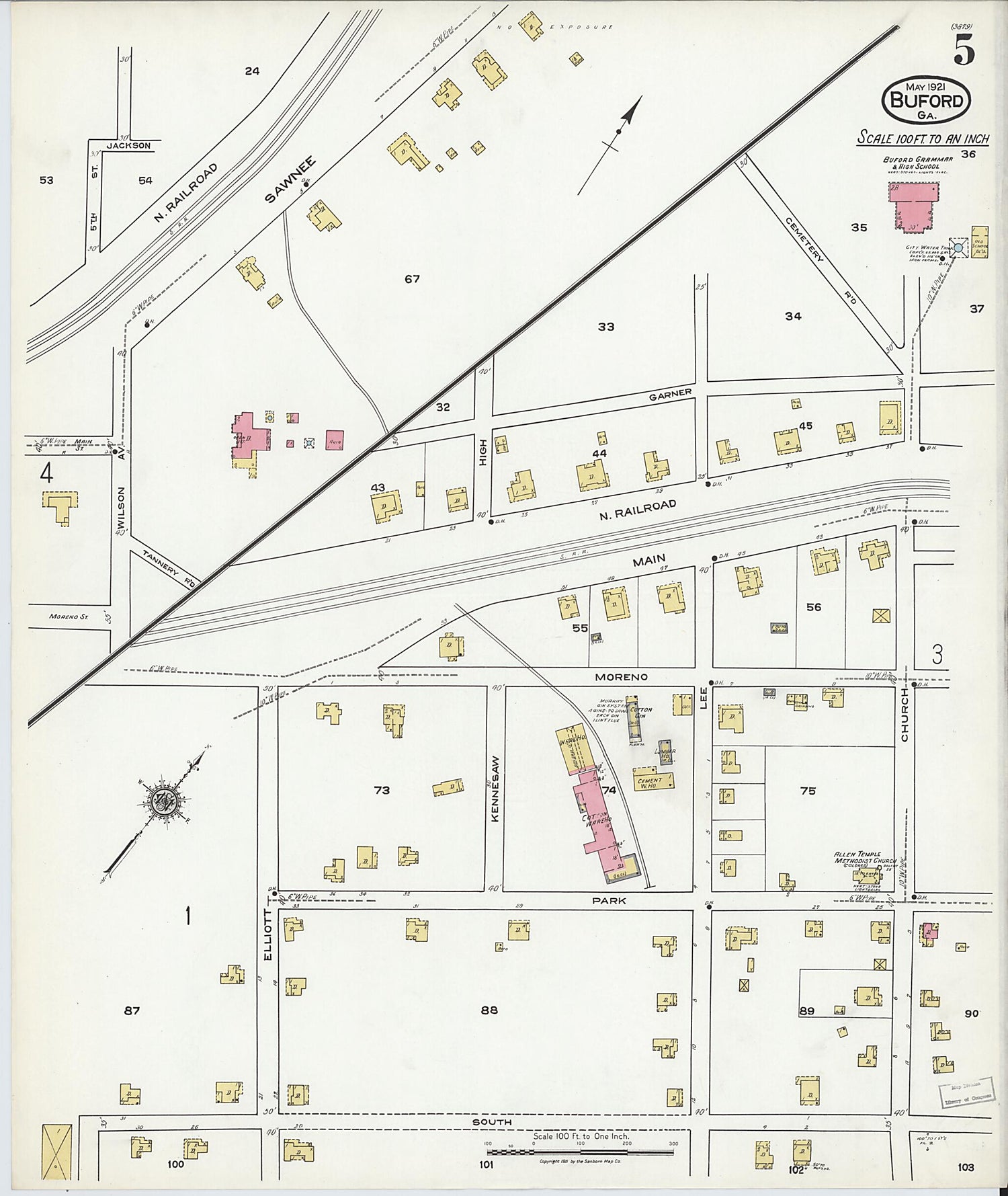 This old map of Buford, Gwinnett County, Georgia was created by Sanborn Map Company in 1921