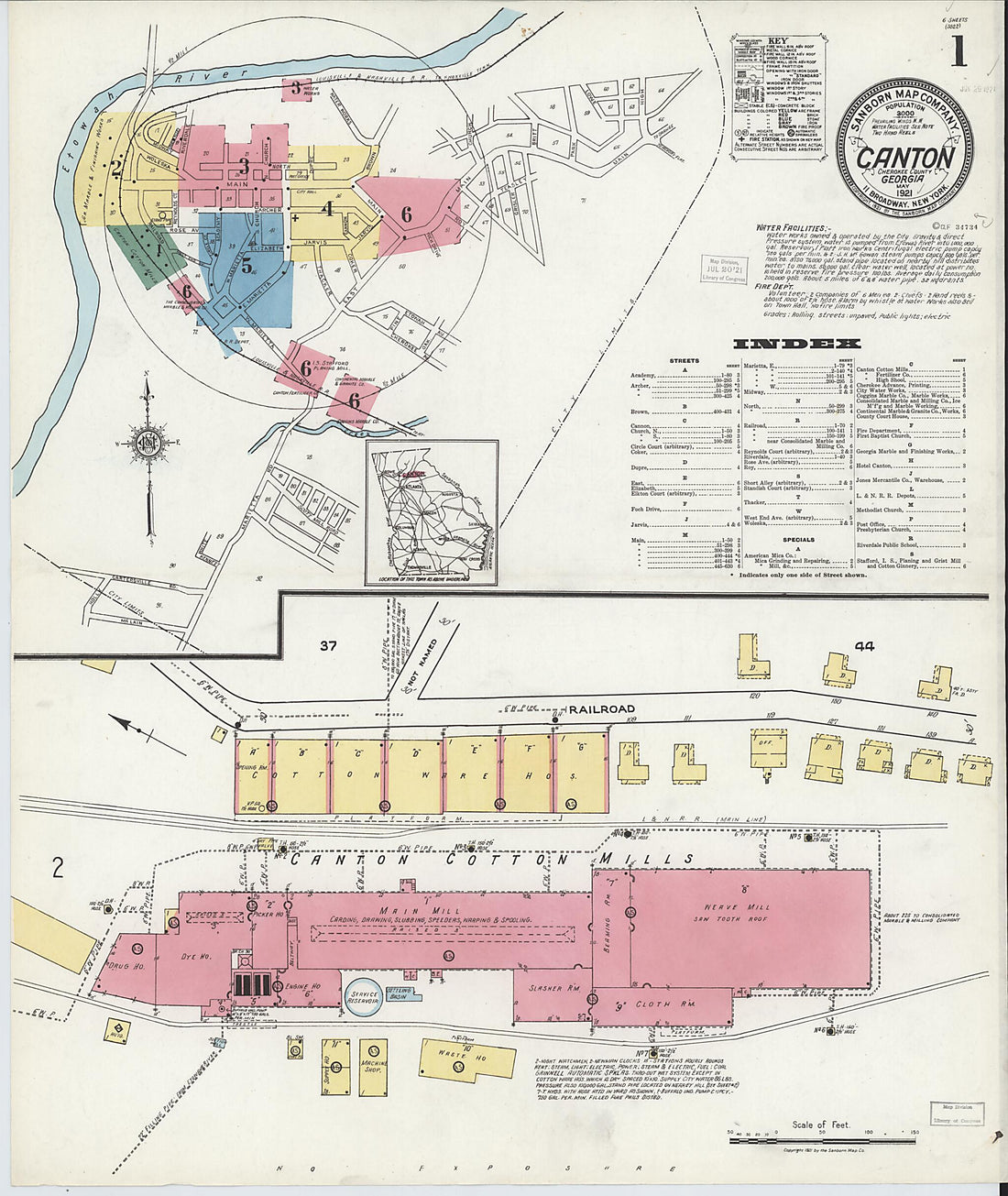 This old map of Canton, Cherokee County, Georgia was created by Sanborn Map Company in 1921