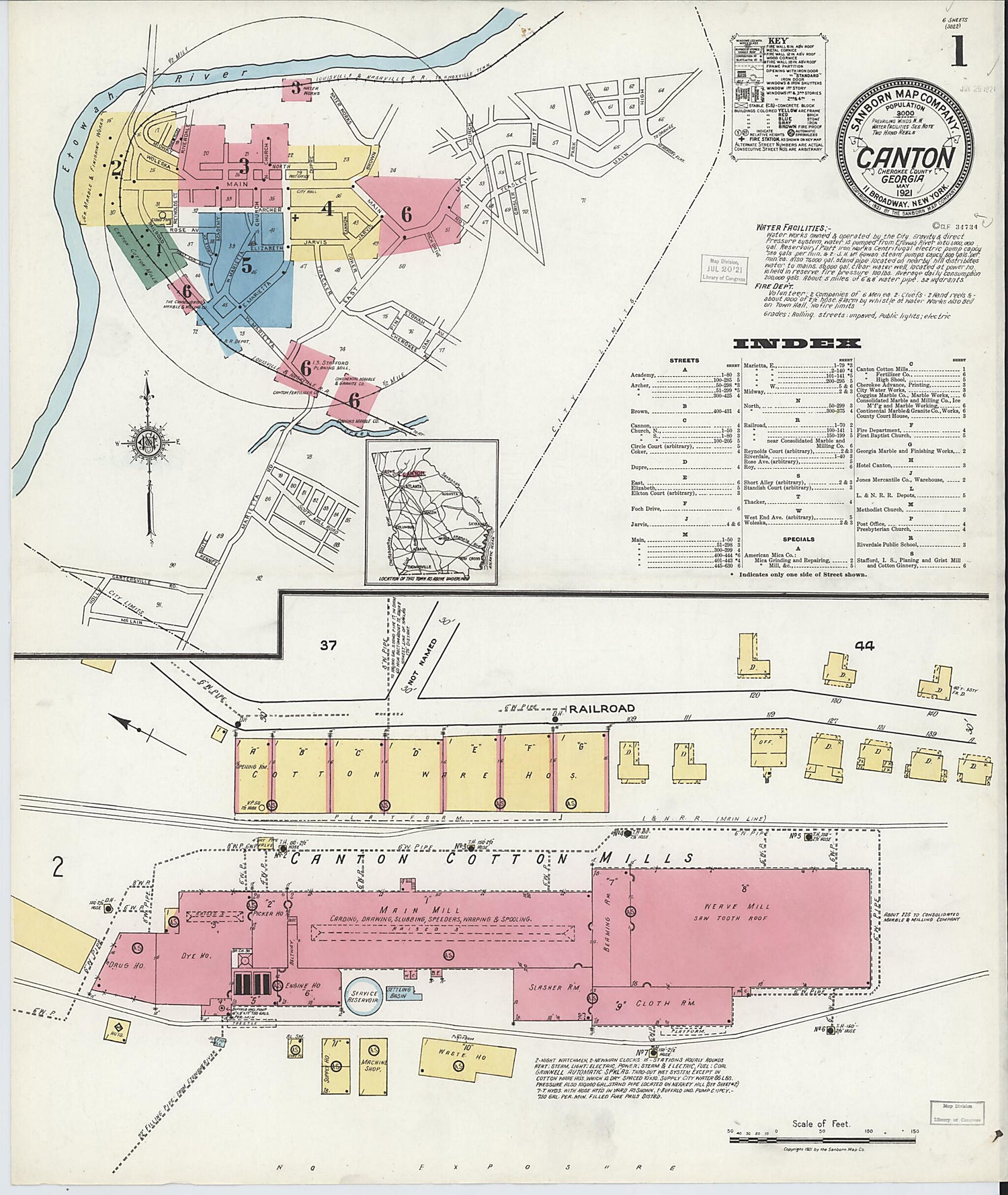 This old map of Canton, Cherokee County, Georgia was created by Sanborn Map Company in 1921