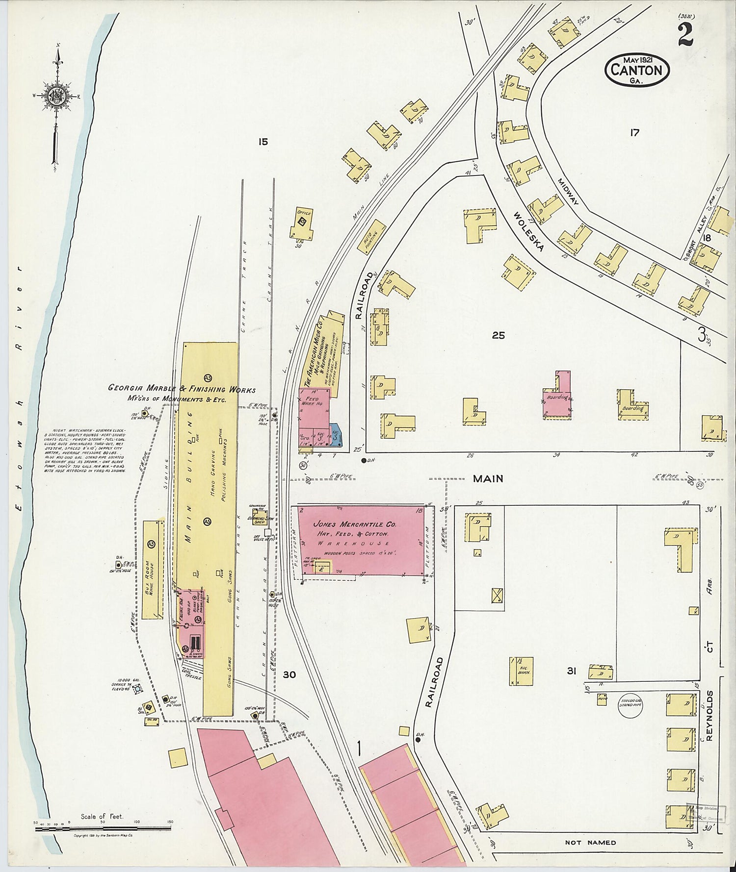 This old map of Canton, Cherokee County, Georgia was created by Sanborn Map Company in 1921