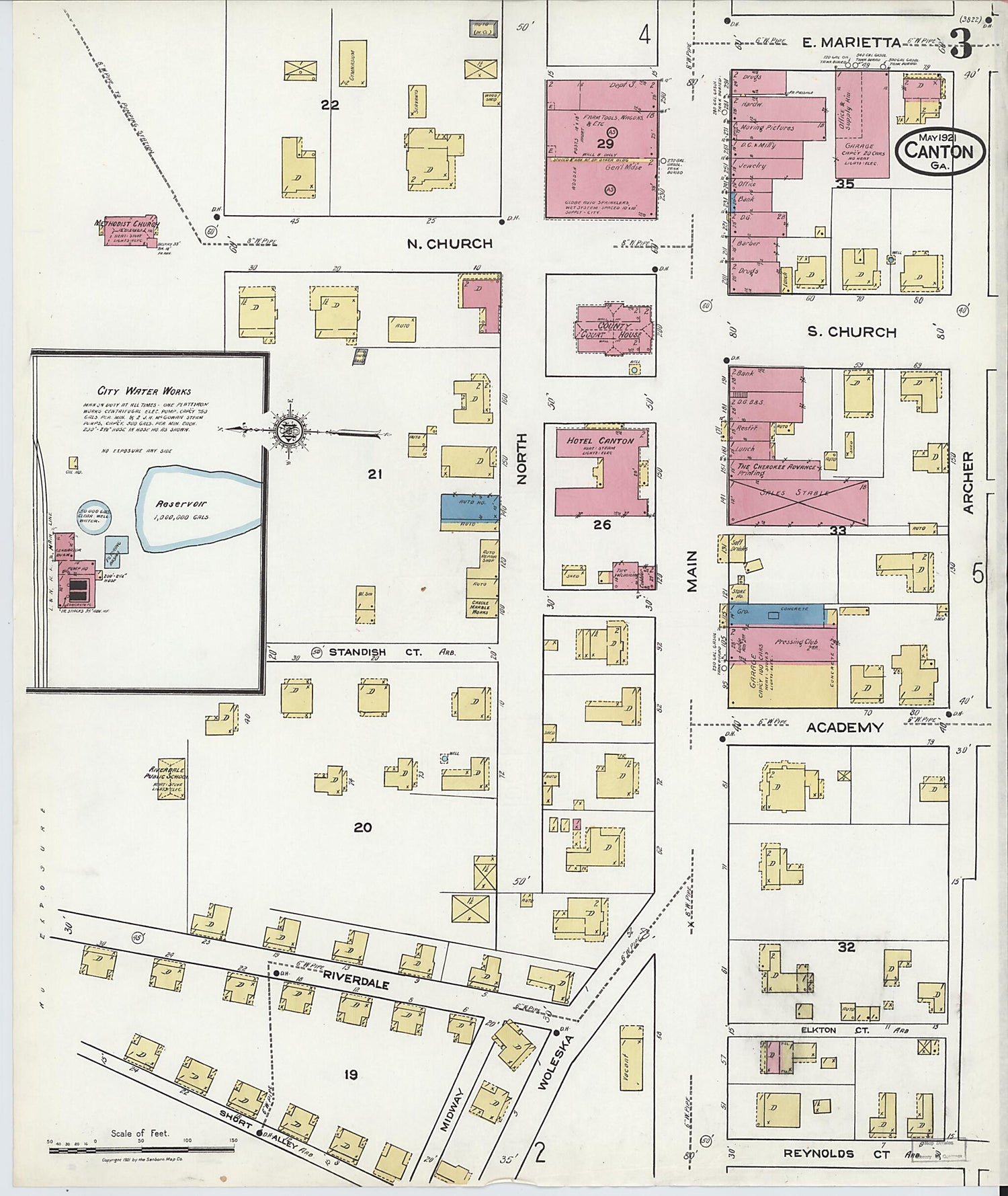 This old map of Canton, Cherokee County, Georgia was created by Sanborn Map Company in 1921