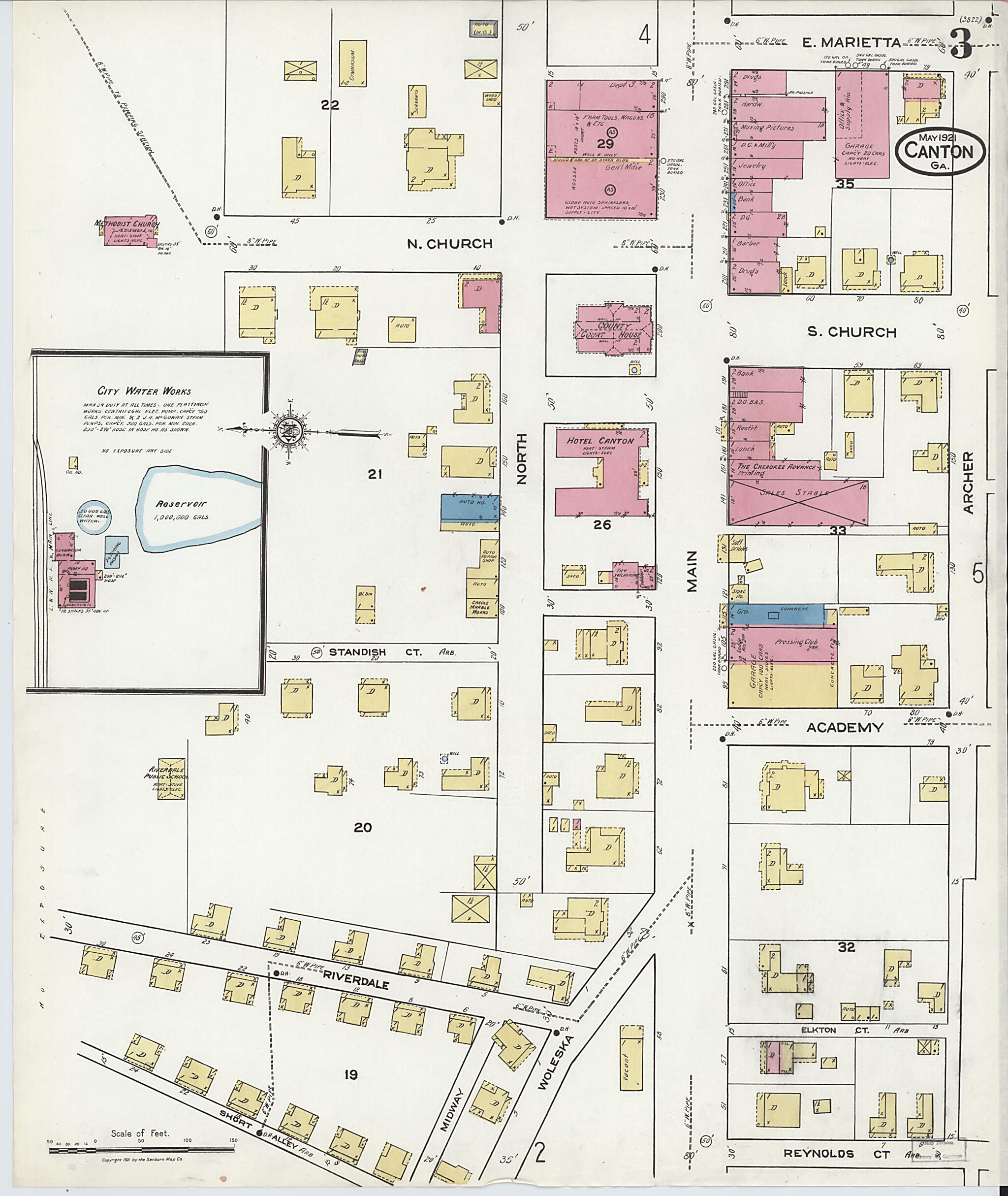 This old map of Canton, Cherokee County, Georgia was created by Sanborn Map Company in 1921