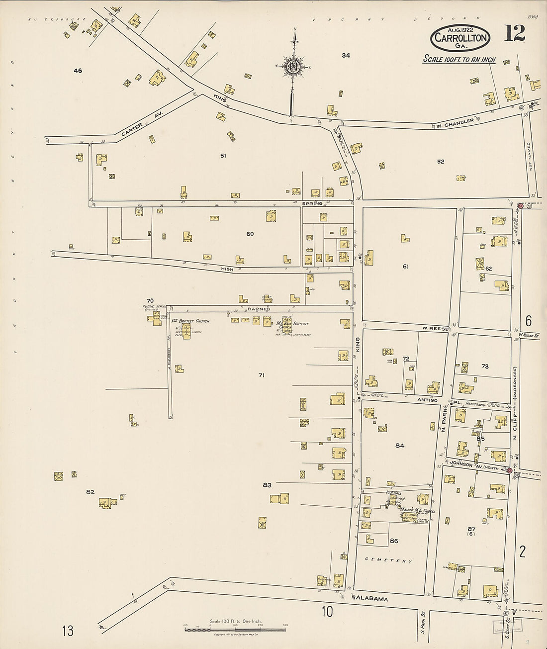 This old map of Carrollton, Carroll County, Georgia was created by Sanborn Map Company in 1922