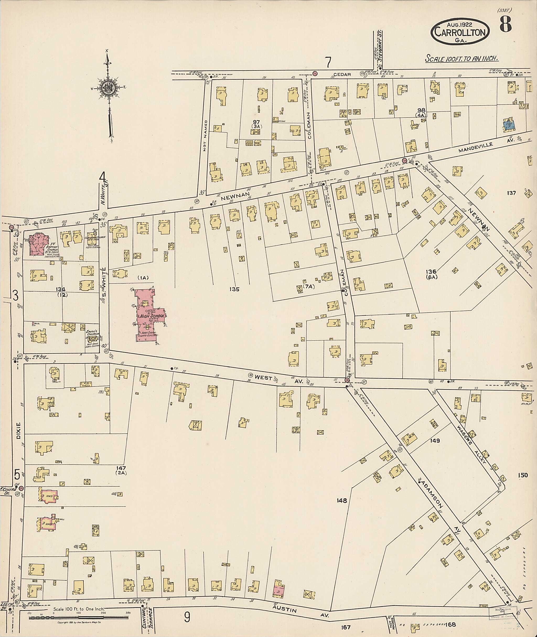 This old map of Carrollton, Carroll County, Georgia was created by Sanborn Map Company in 1922