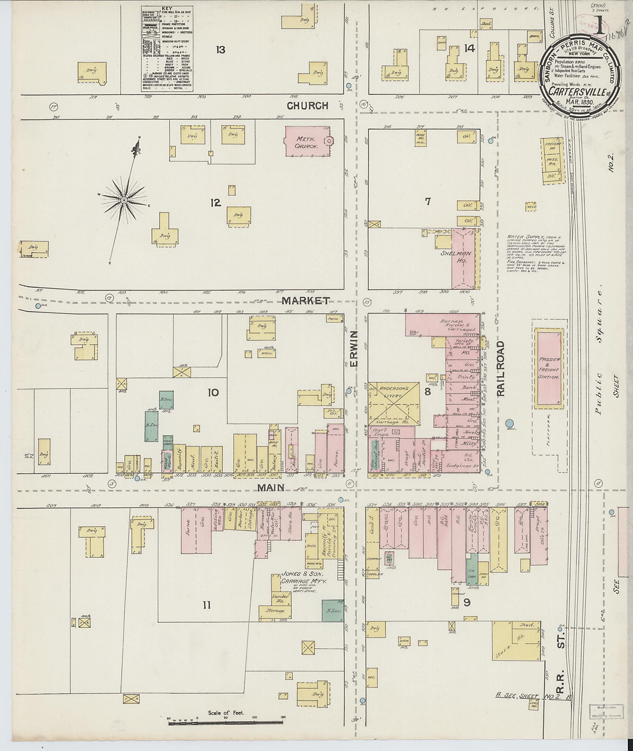 This old map of Cartersville, Bartow County, Georgia was created by Sanborn Map Company in 1890