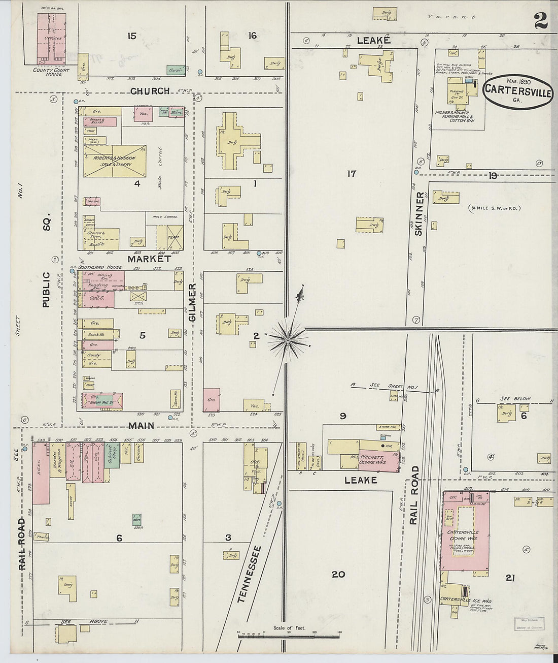 This old map of Cartersville, Bartow County, Georgia was created by Sanborn Map Company in 1890