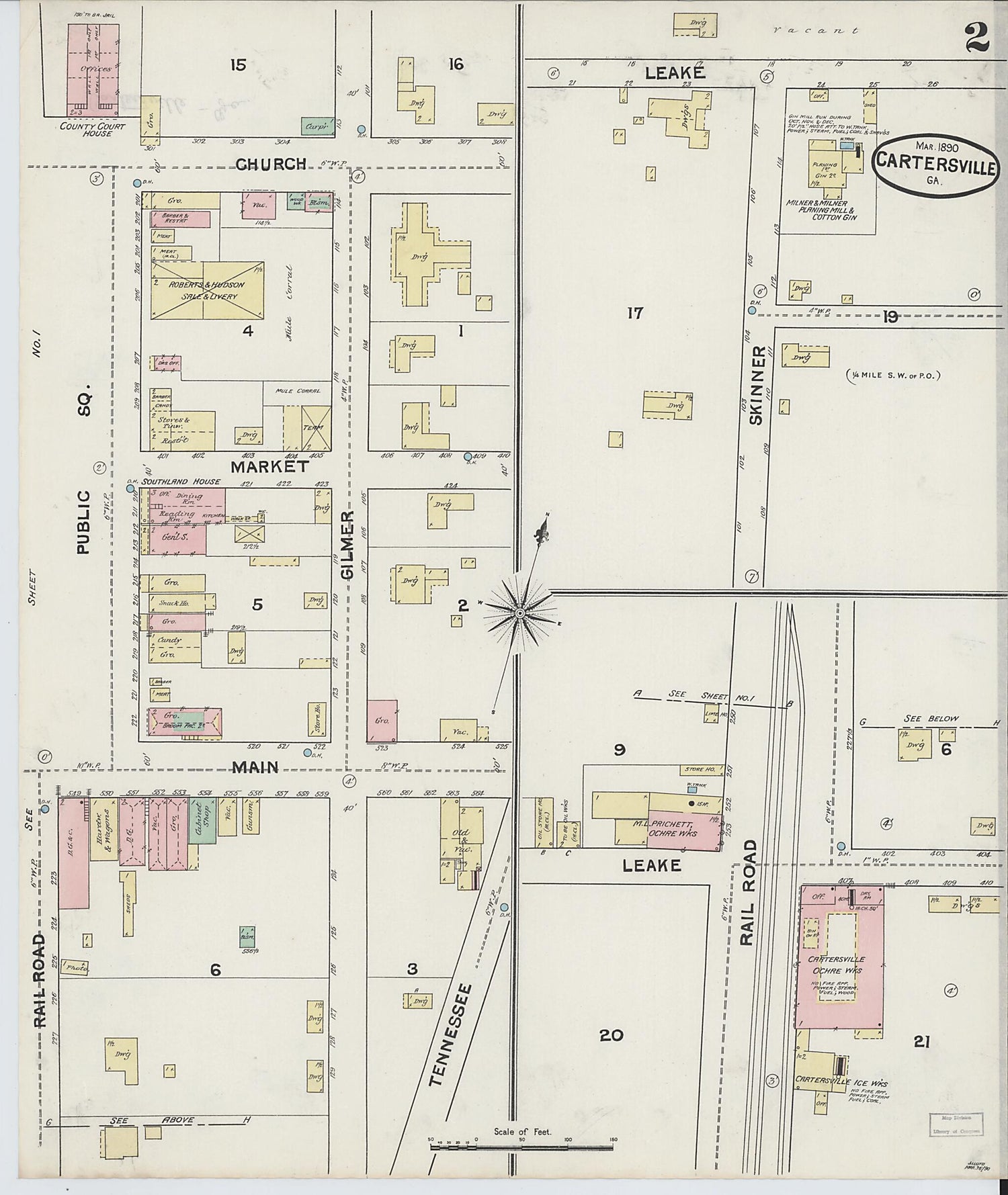 This old map of Cartersville, Bartow County, Georgia was created by Sanborn Map Company in 1890