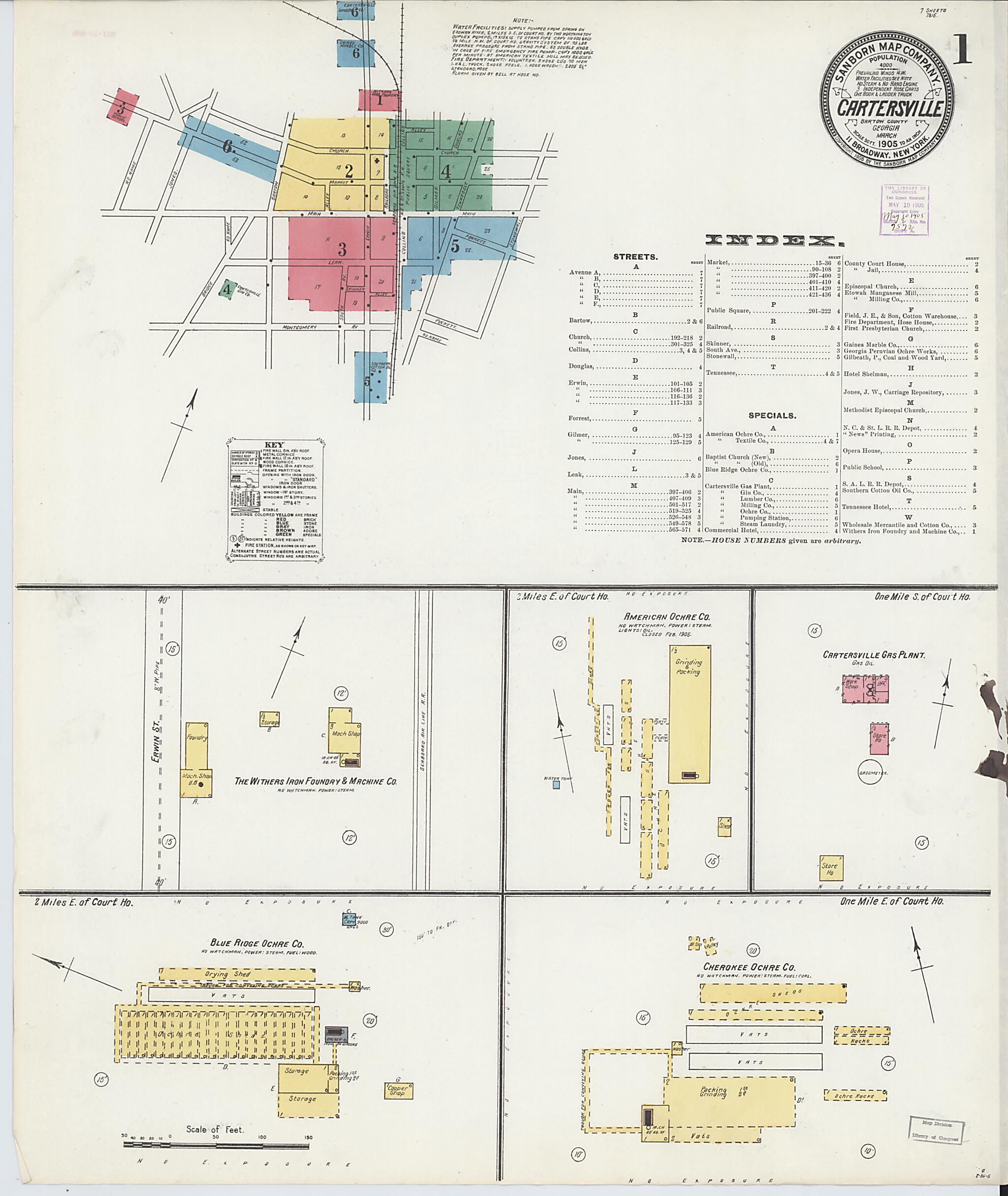 This old map of Cartersville, Bartow County, Georgia was created by Sanborn Map Company in 1905