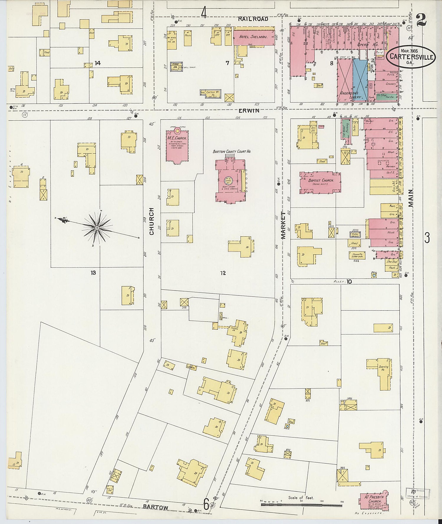 This old map of Cartersville, Bartow County, Georgia was created by Sanborn Map Company in 1905