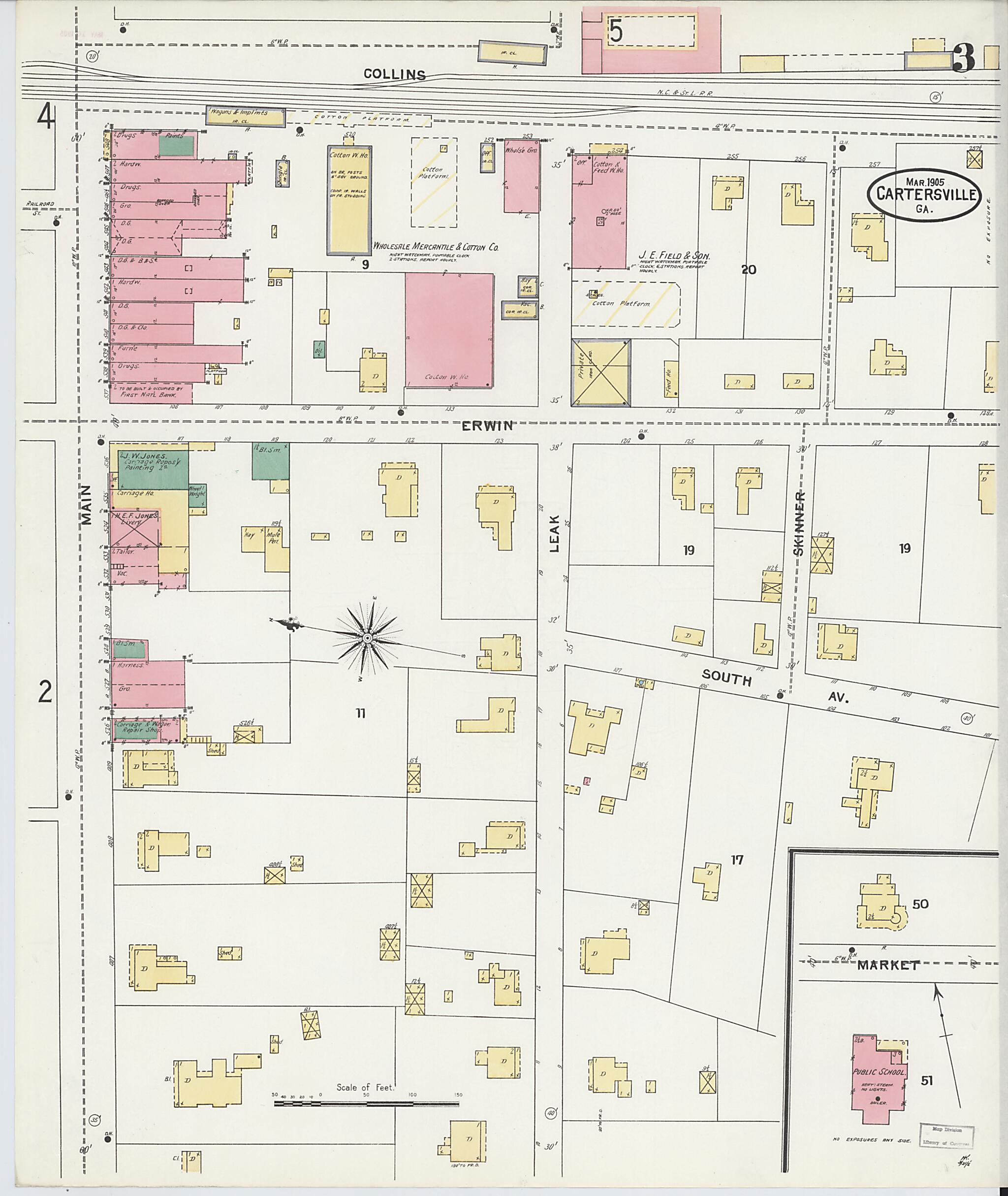 This old map of Cartersville, Bartow County, Georgia was created by Sanborn Map Company in 1905