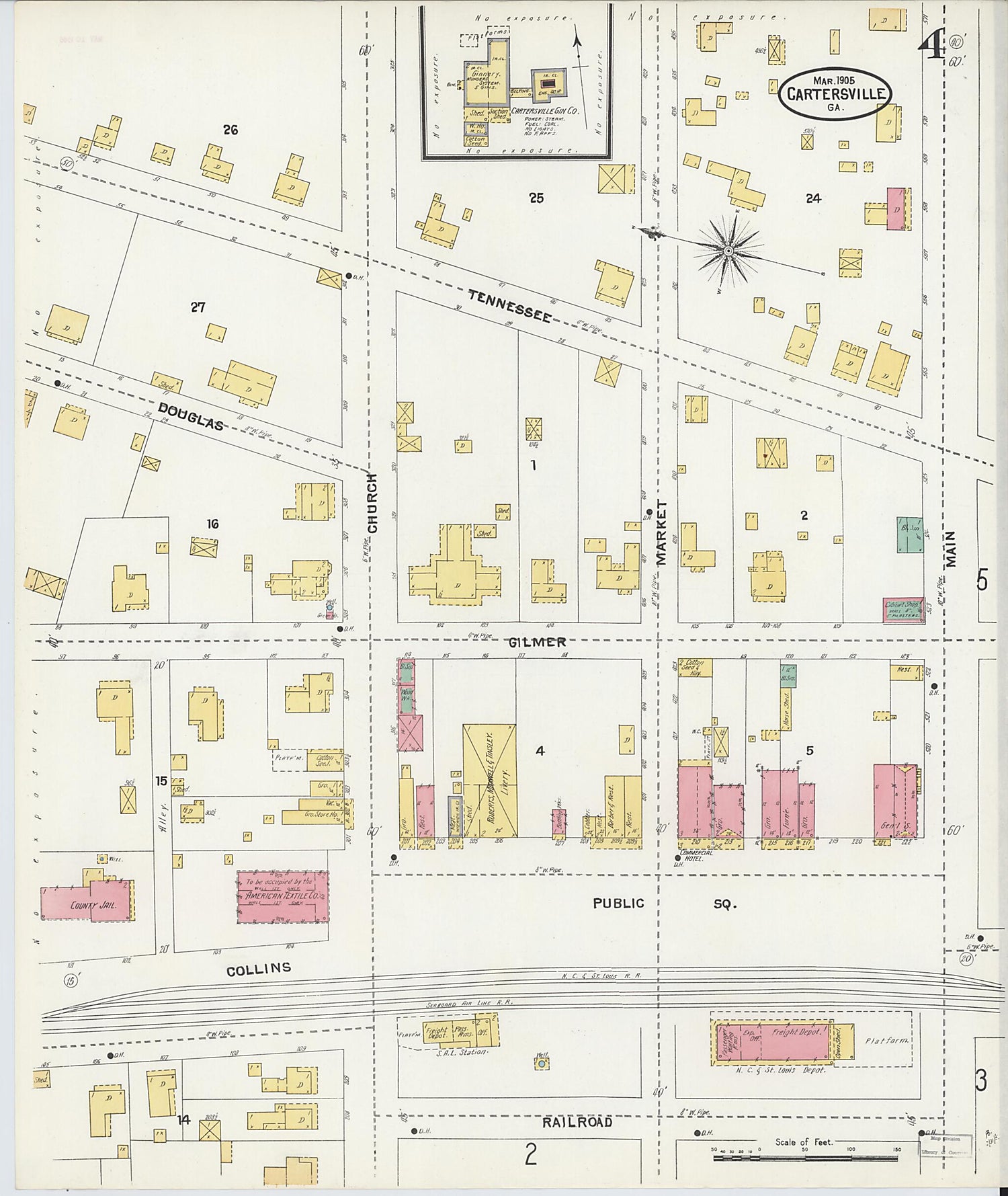 This old map of Cartersville, Bartow County, Georgia was created by Sanborn Map Company in 1905