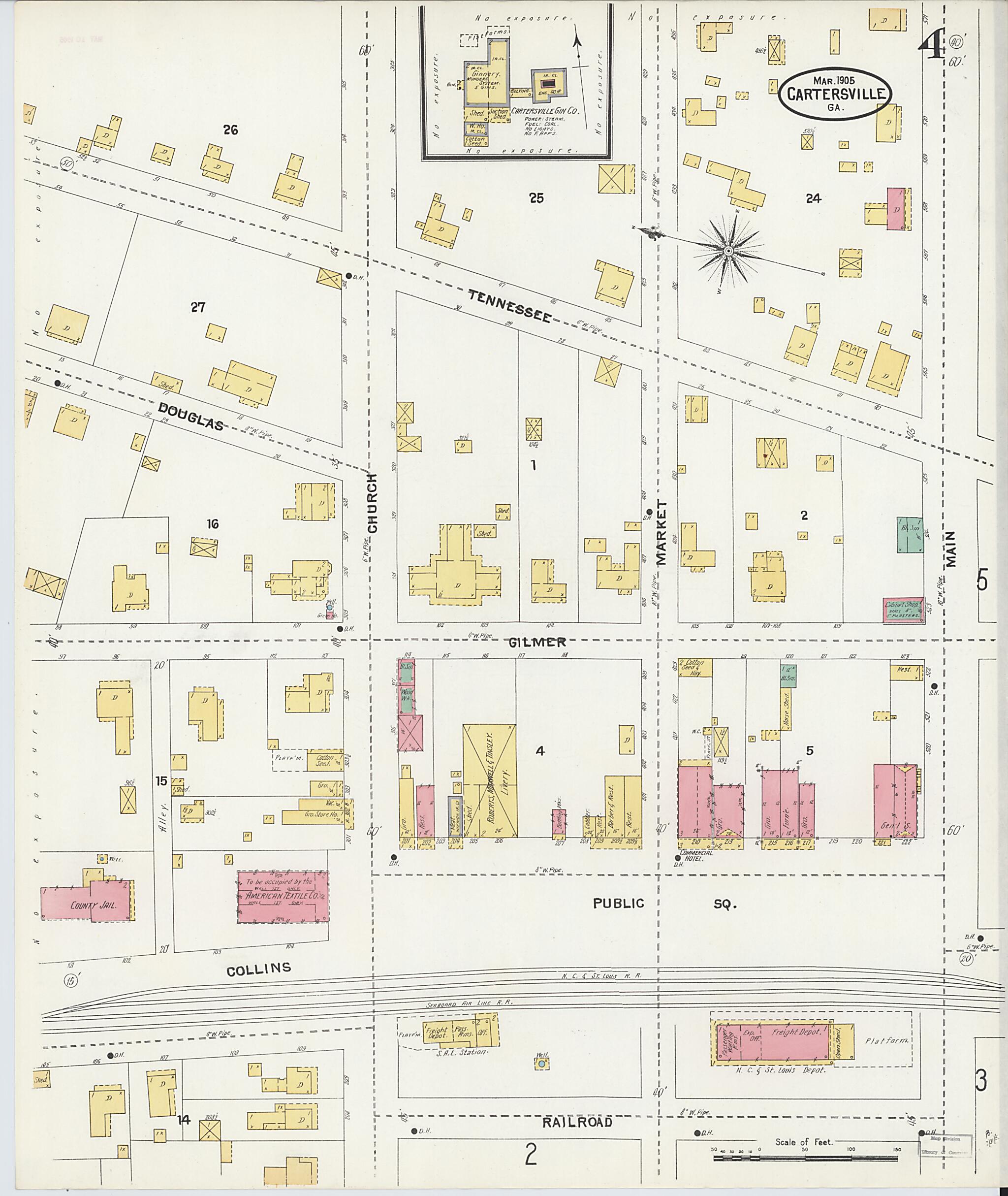 This old map of Cartersville, Bartow County, Georgia was created by Sanborn Map Company in 1905