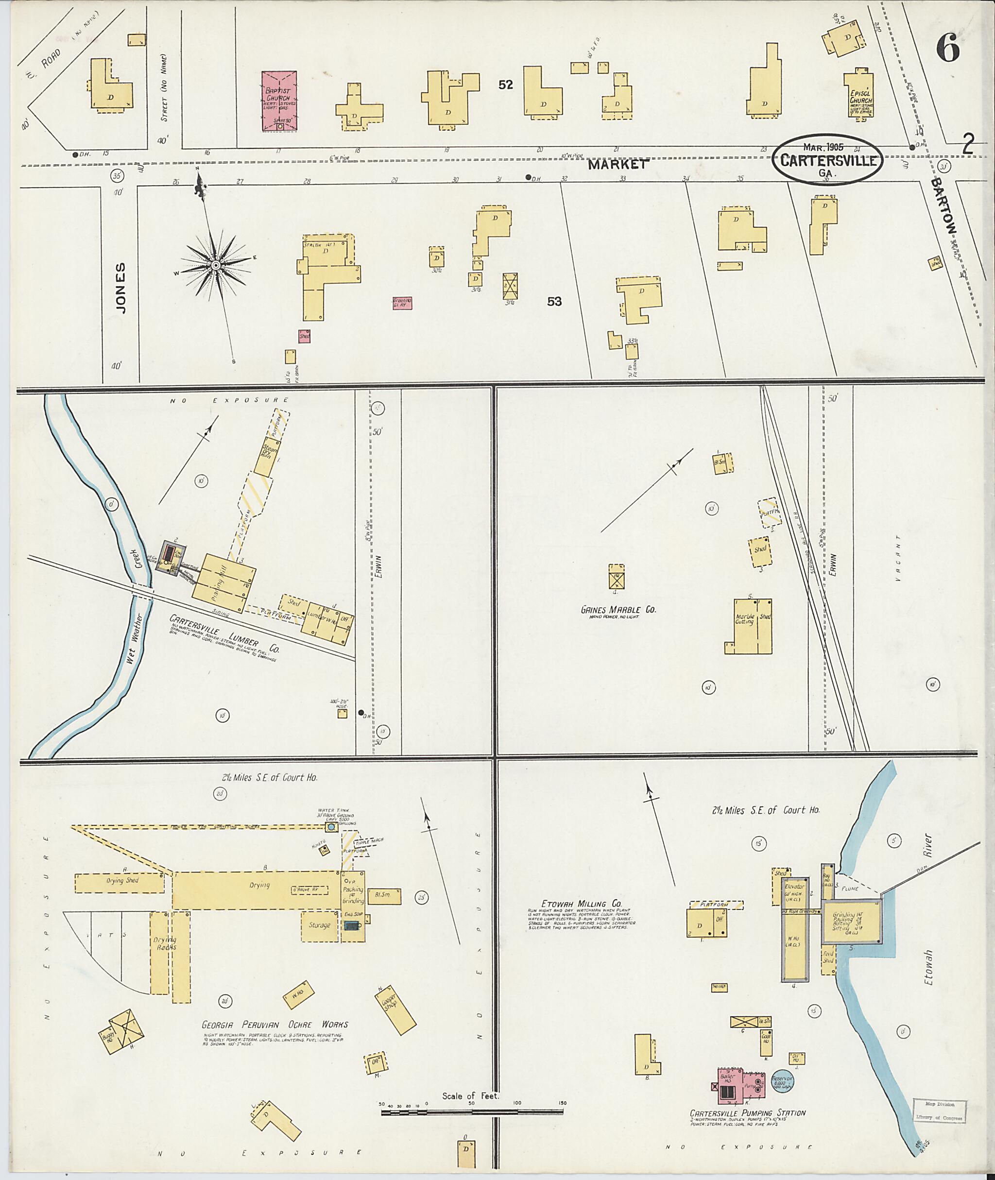 This old map of Cartersville, Bartow County, Georgia was created by Sanborn Map Company in 1905