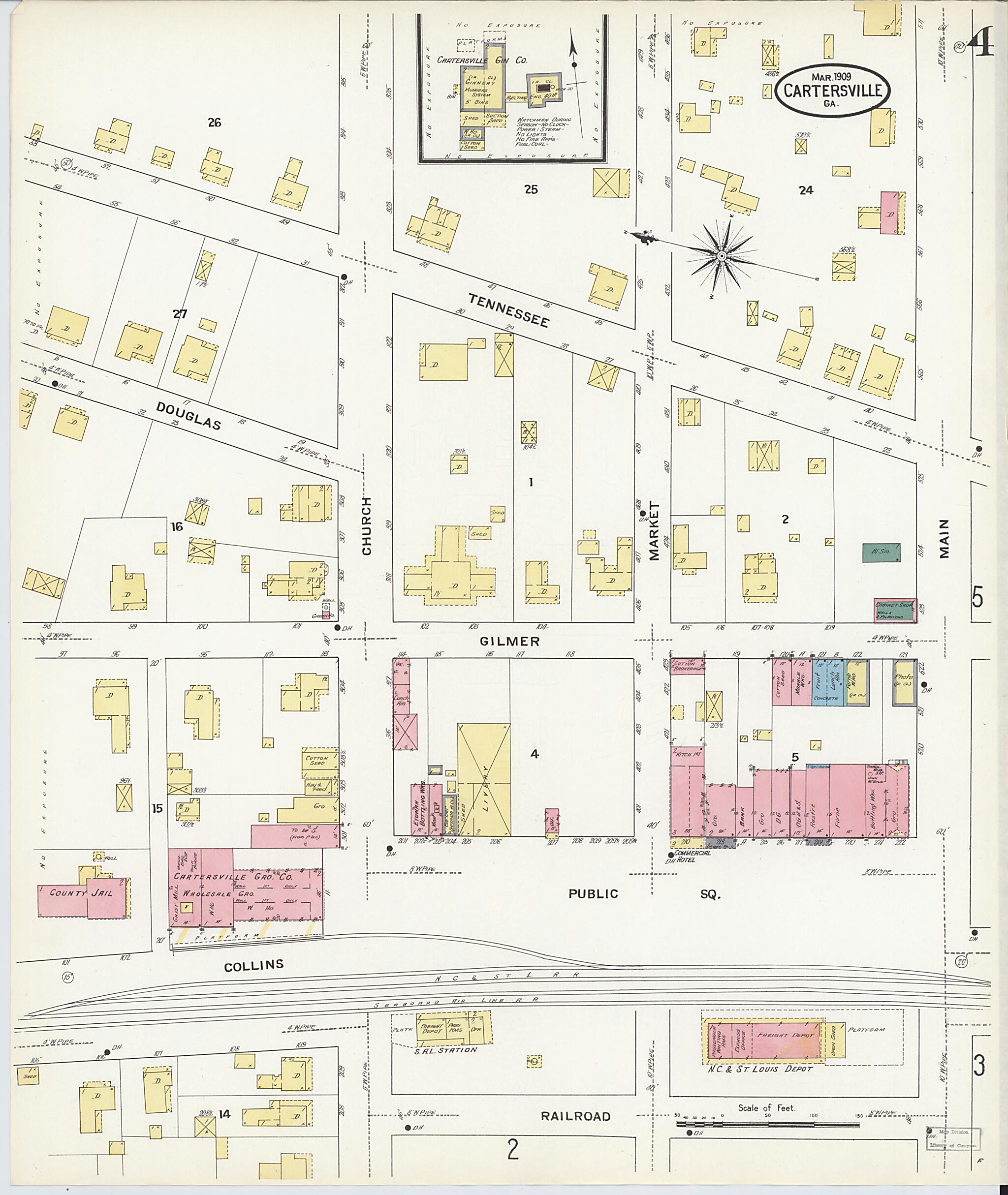 This old map of Cartersville, Bartow County, Georgia was created by Sanborn Map Company in 1909