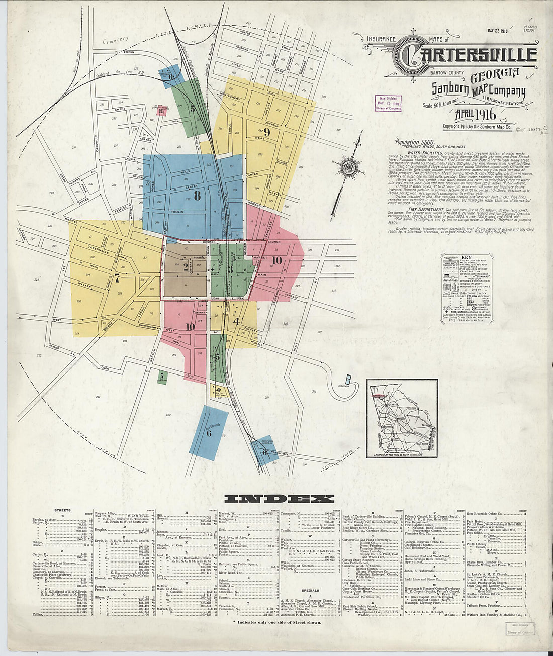 This old map of Cartersville, Bartow County, Georgia was created by Sanborn Map Company in 1916