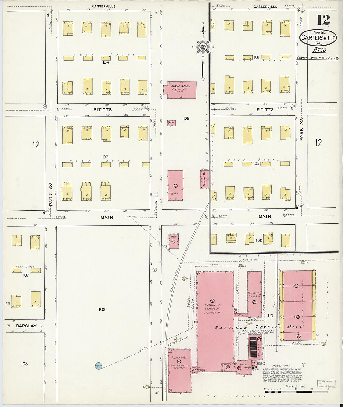 This old map of Cartersville, Bartow County, Georgia was created by Sanborn Map Company in 1916