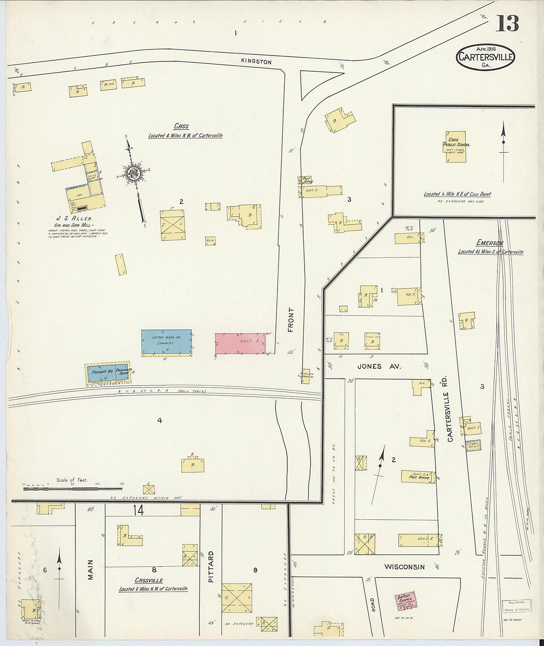 This old map of Cartersville, Bartow County, Georgia was created by Sanborn Map Company in 1916