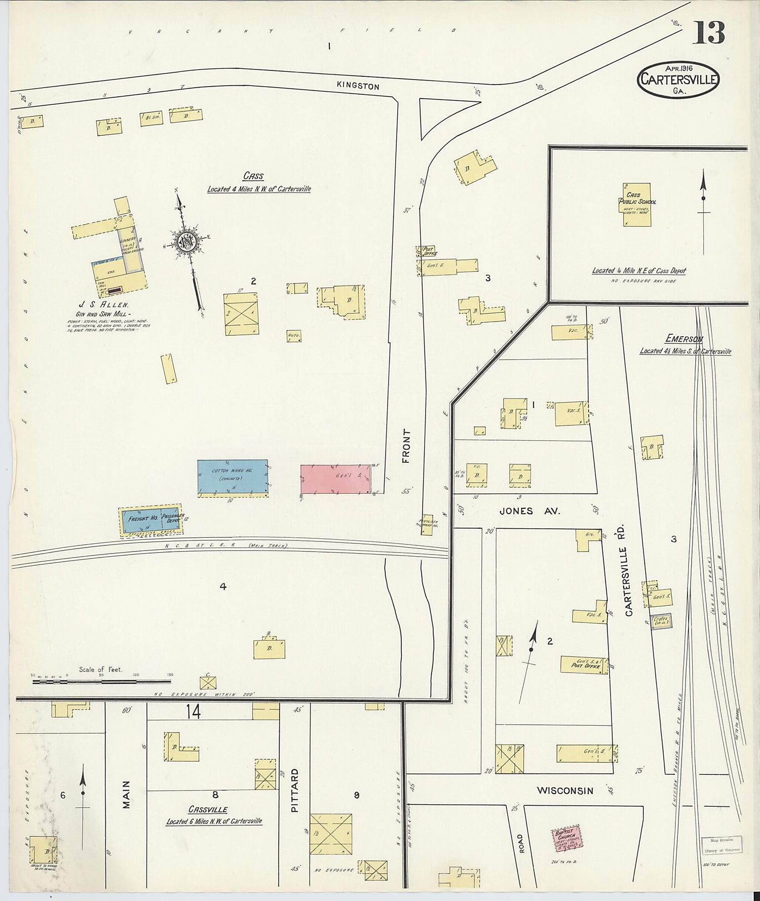 This old map of Cartersville, Bartow County, Georgia was created by Sanborn Map Company in 1916