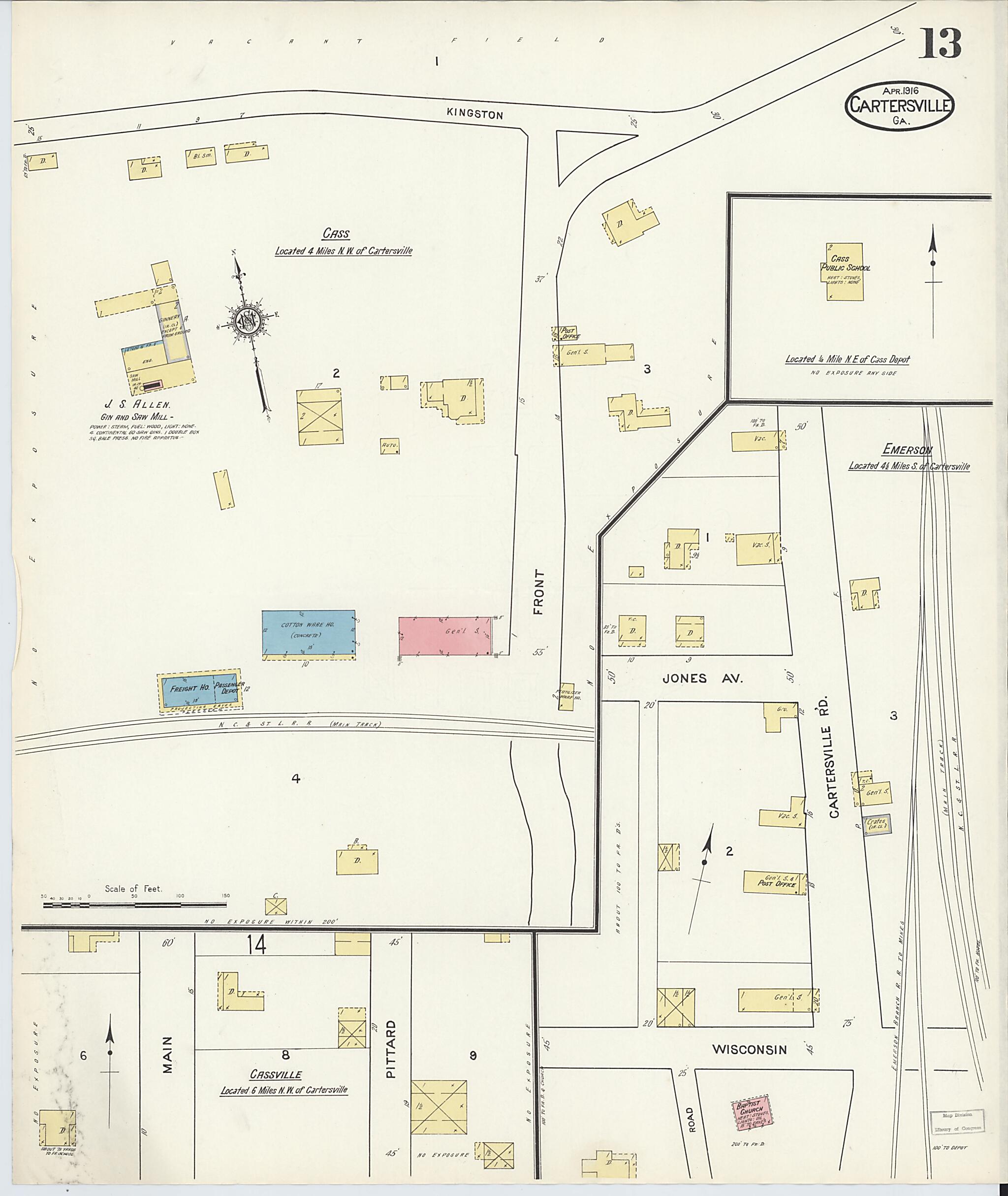 This old map of Cartersville, Bartow County, Georgia was created by Sanborn Map Company in 1916