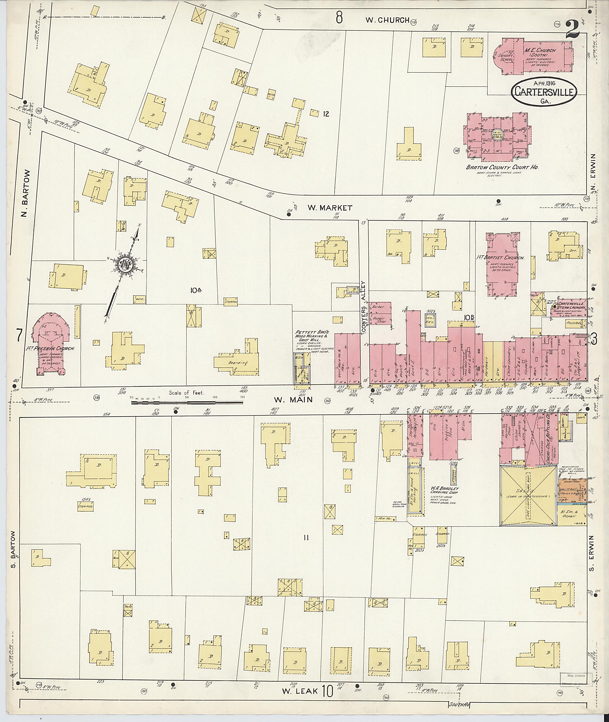 This old map of Cartersville, Bartow County, Georgia was created by Sanborn Map Company in 1916