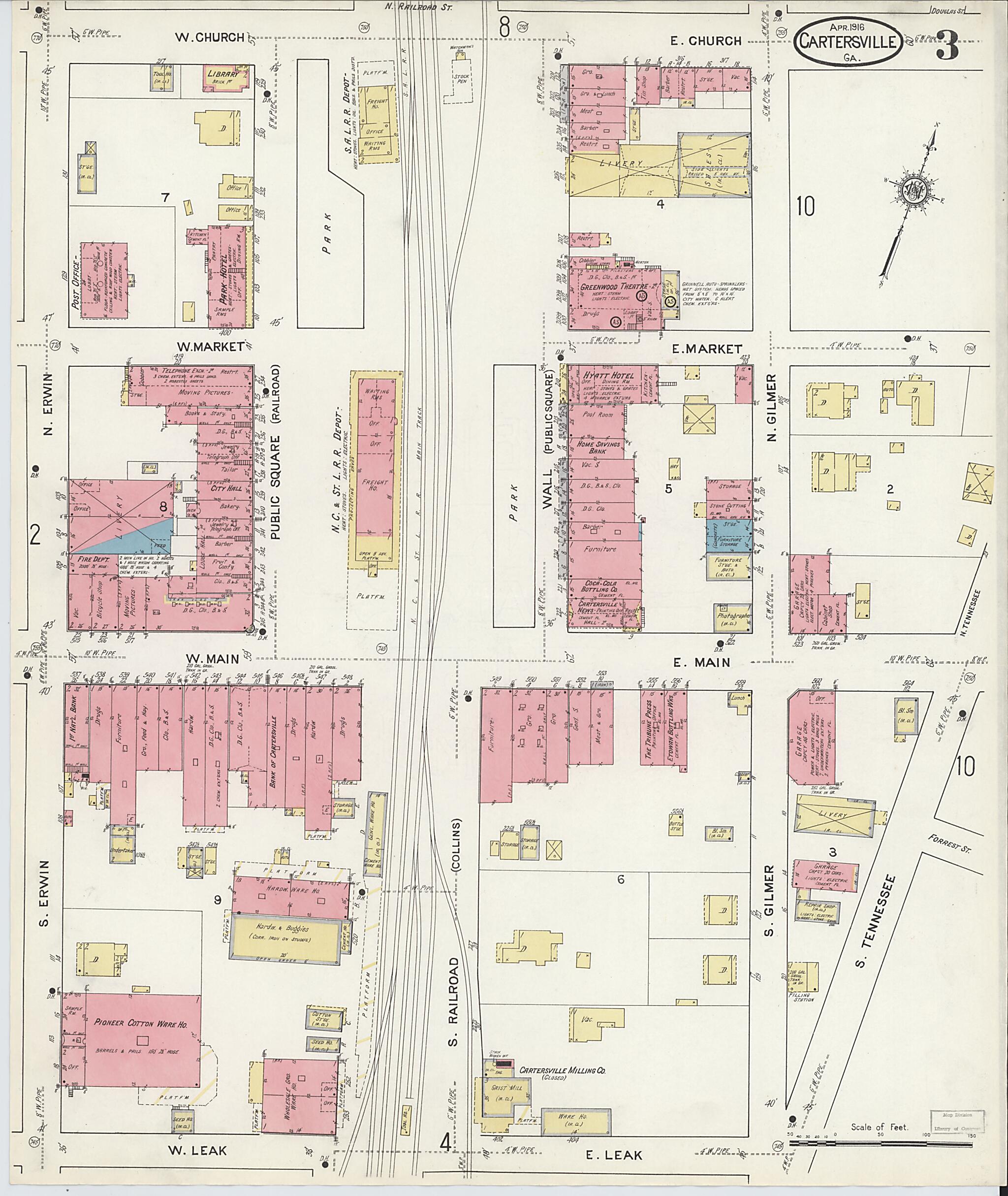 This old map of Cartersville, Bartow County, Georgia was created by Sanborn Map Company in 1916