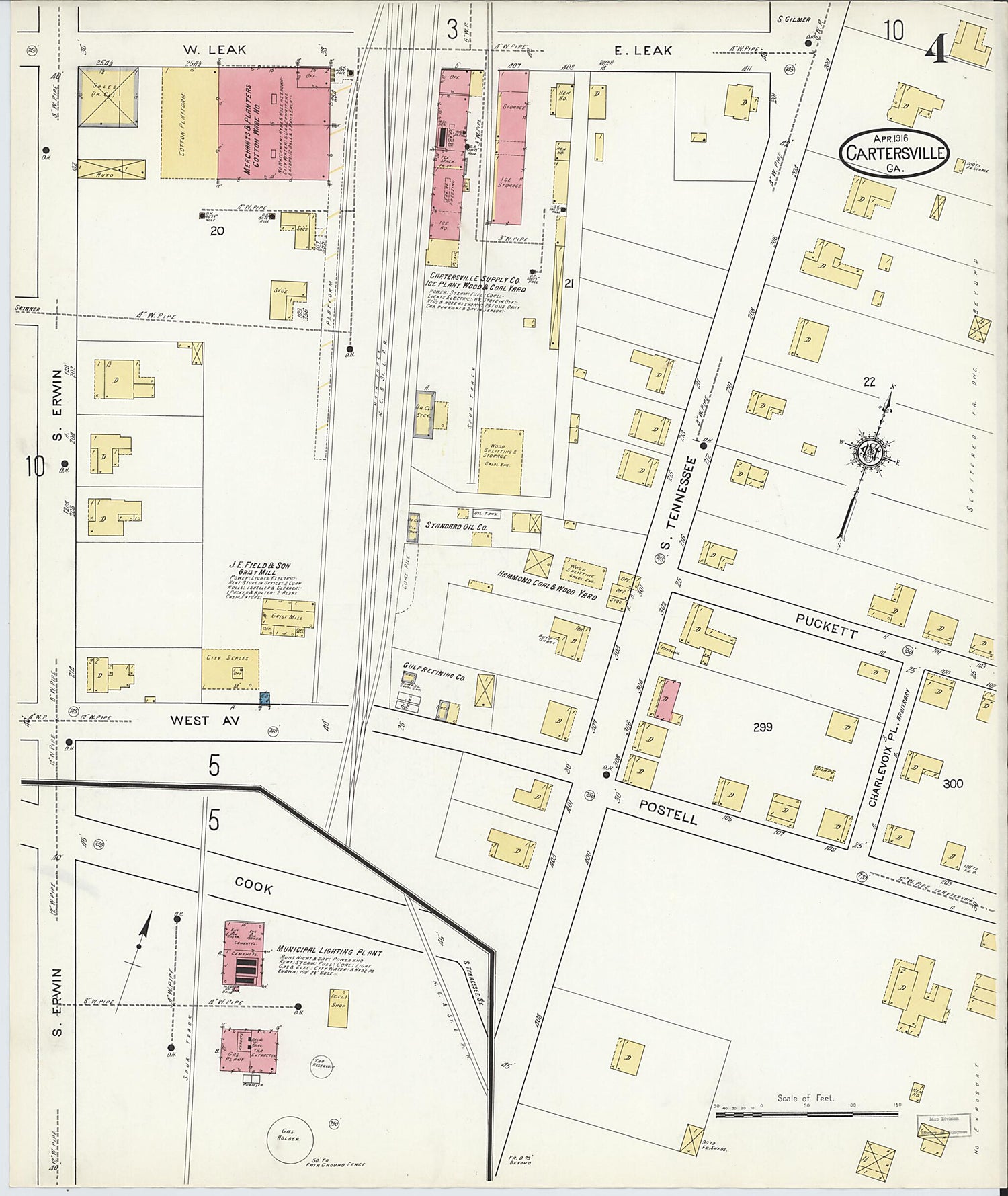 This old map of Cartersville, Bartow County, Georgia was created by Sanborn Map Company in 1916