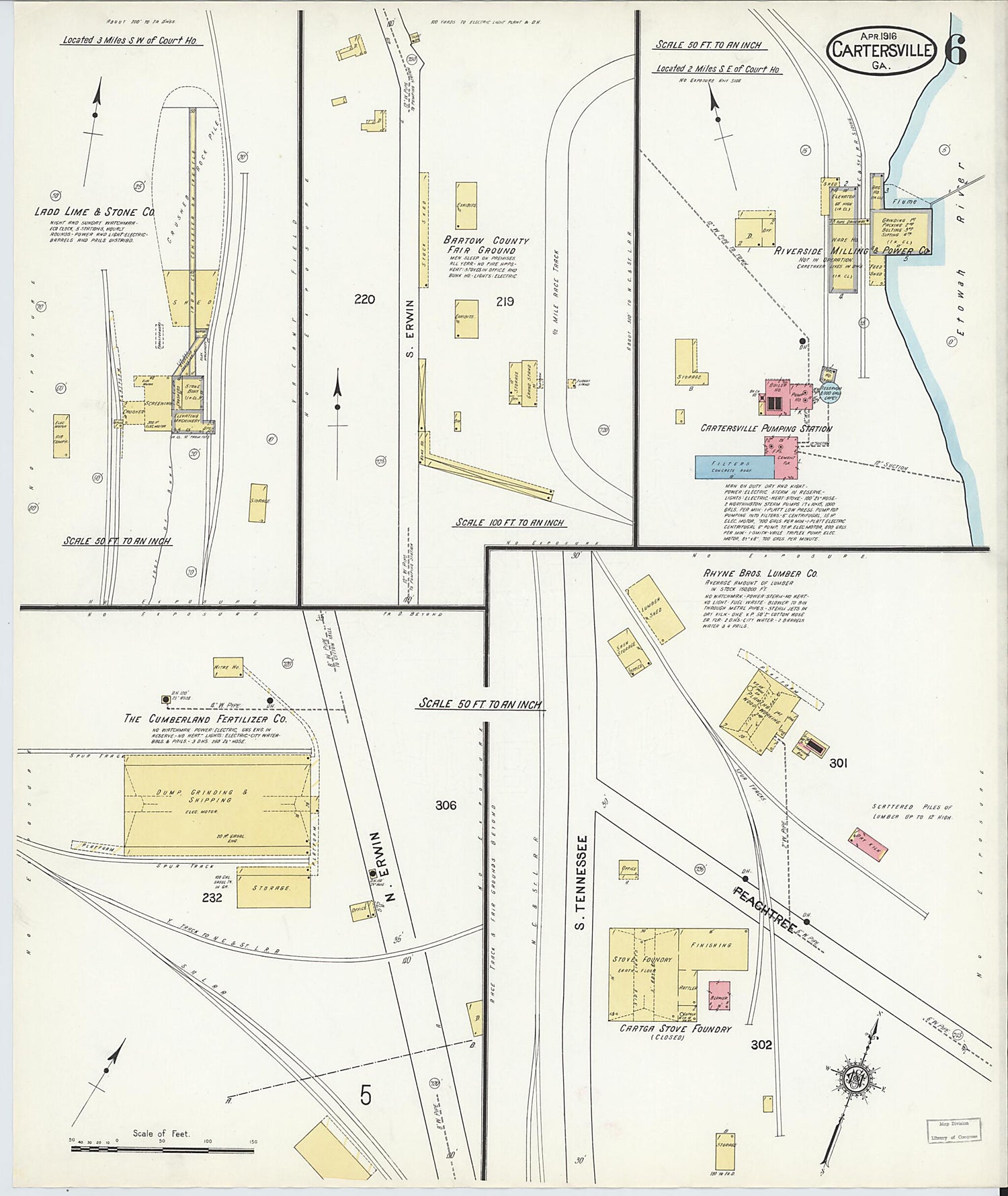 This old map of Cartersville, Bartow County, Georgia was created by Sanborn Map Company in 1916