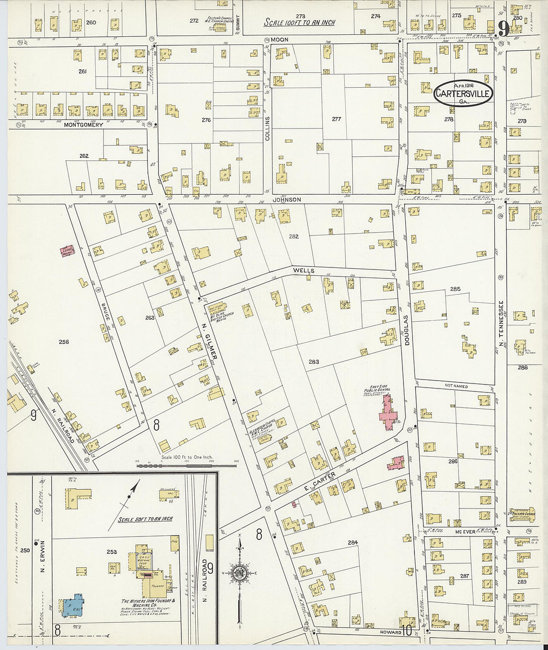 This old map of Cartersville, Bartow County, Georgia was created by Sanborn Map Company in 1916