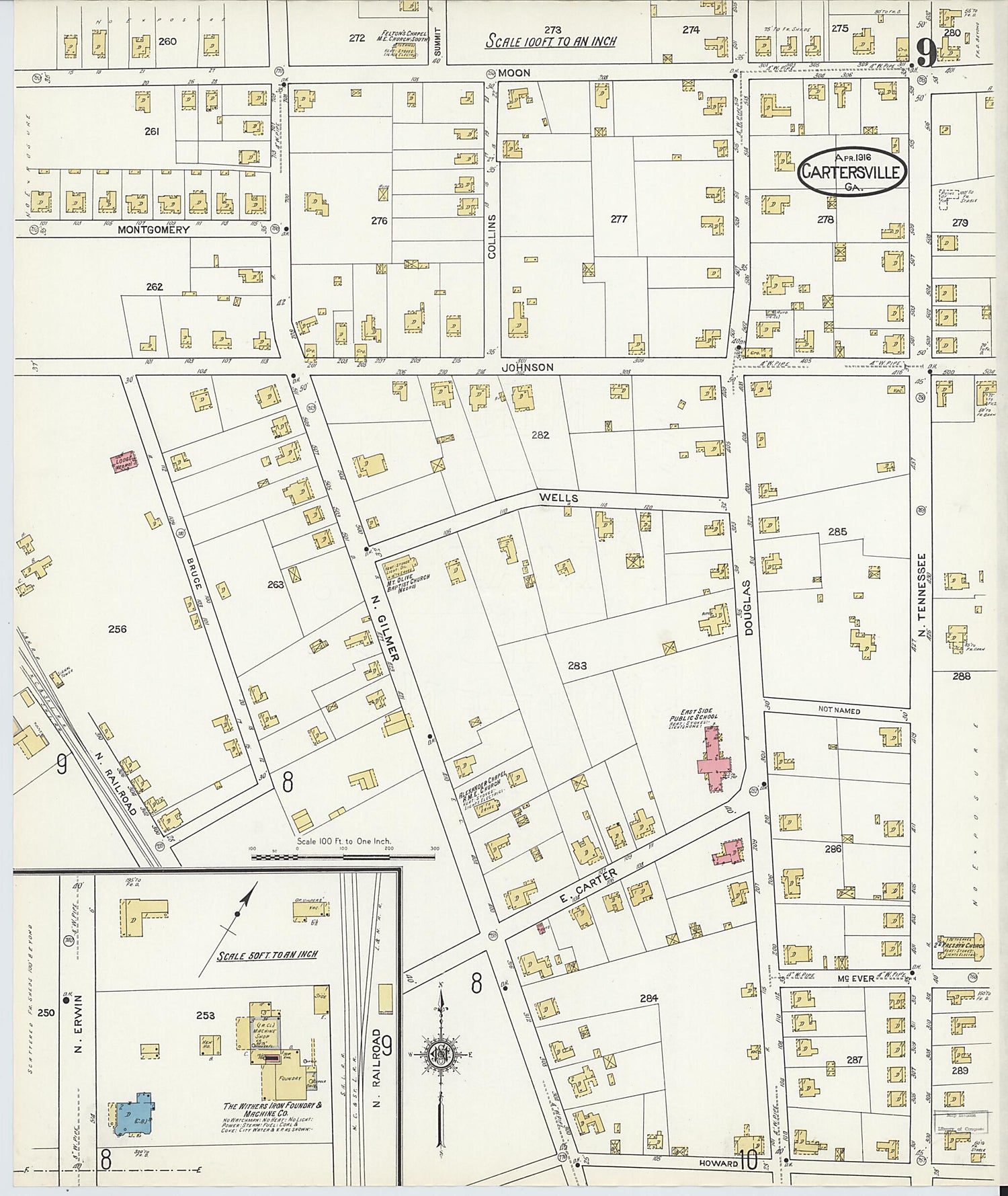 This old map of Cartersville, Bartow County, Georgia was created by Sanborn Map Company in 1916