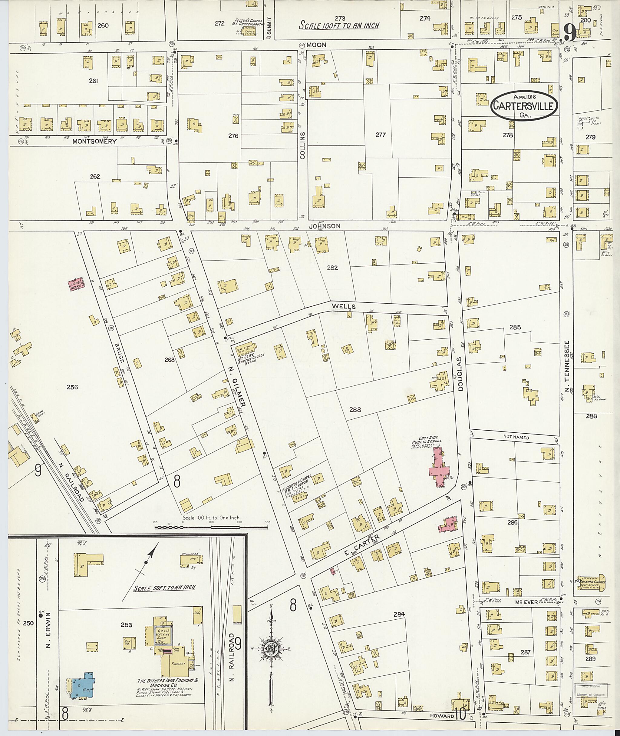 This old map of Cartersville, Bartow County, Georgia was created by Sanborn Map Company in 1916