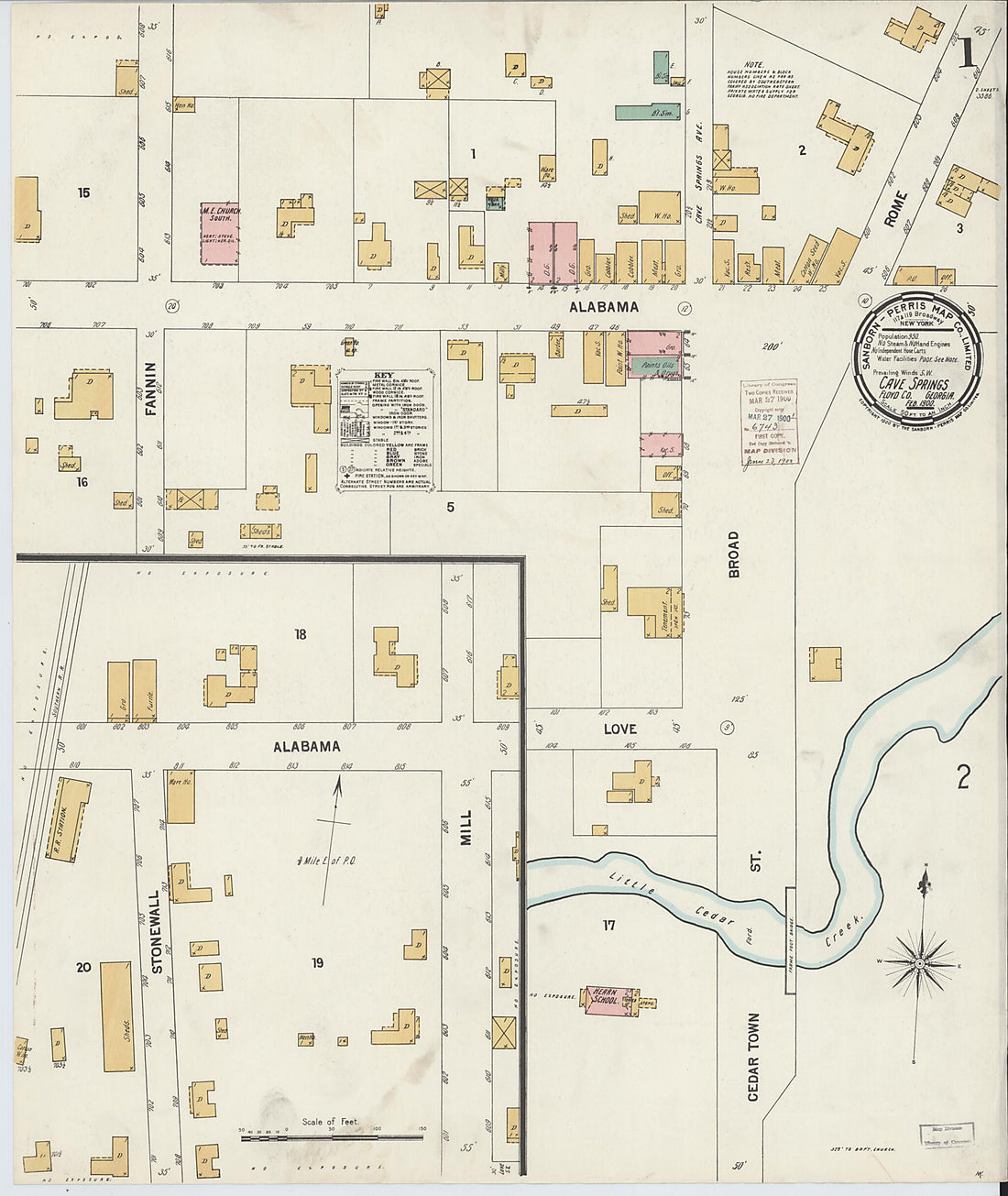 This old map of Cave Springs, Floyd County, Georgia was created by Sanborn Map Company in 1900