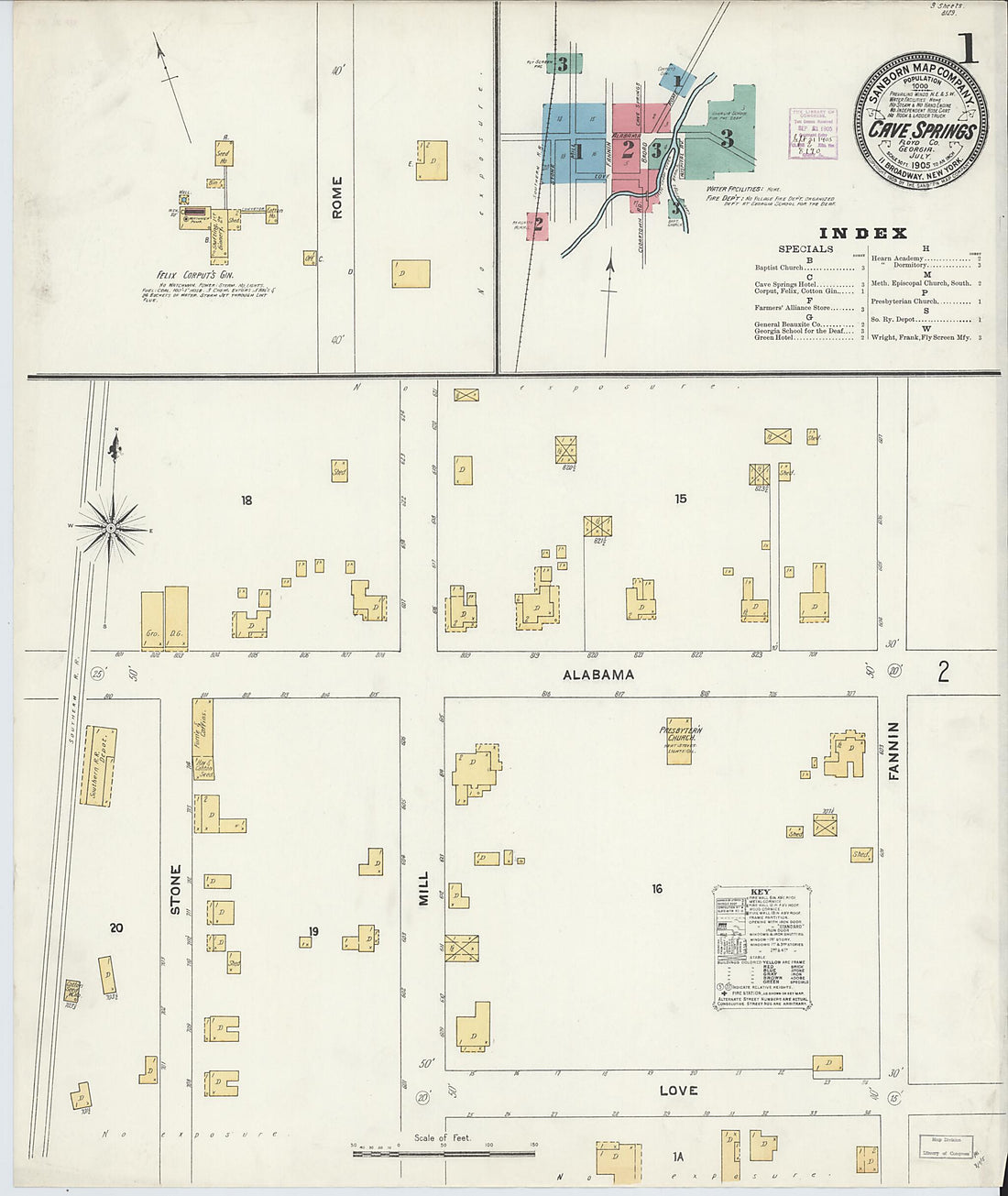 This old map of Cave Springs, Floyd County, Georgia was created by Sanborn Map Company in 1905