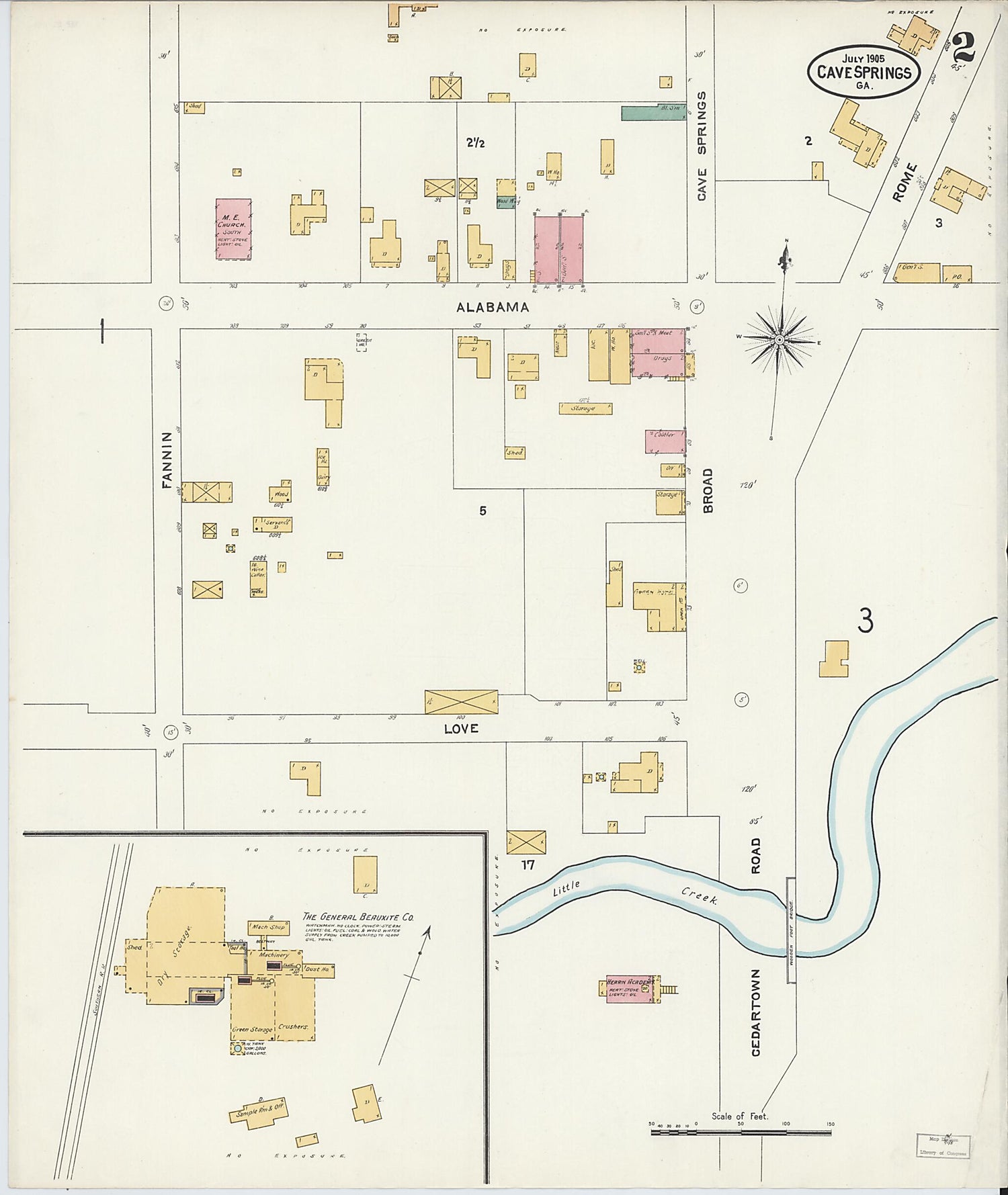 This old map of Cave Springs, Floyd County, Georgia was created by Sanborn Map Company in 1905