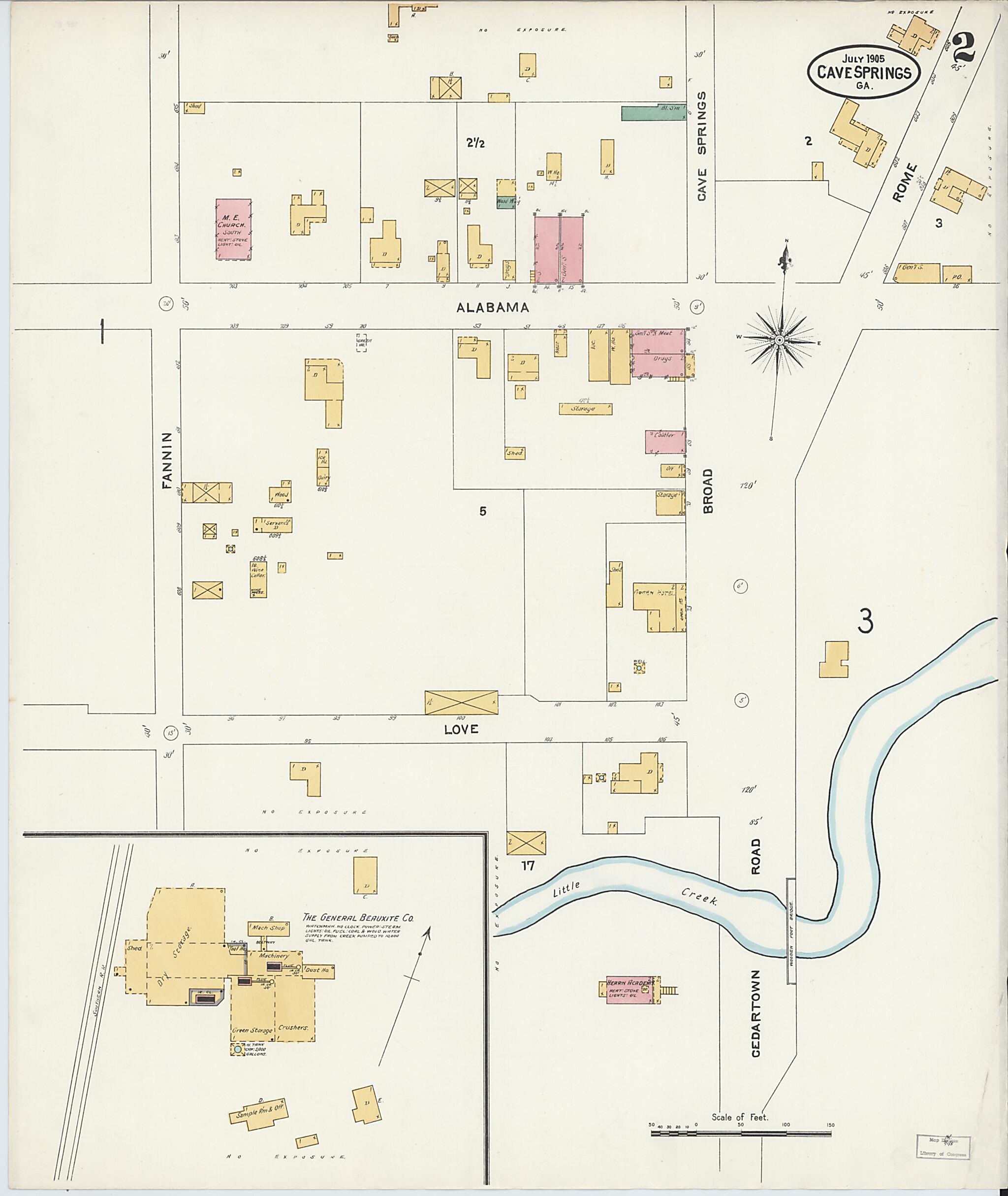 This old map of Cave Springs, Floyd County, Georgia was created by Sanborn Map Company in 1905