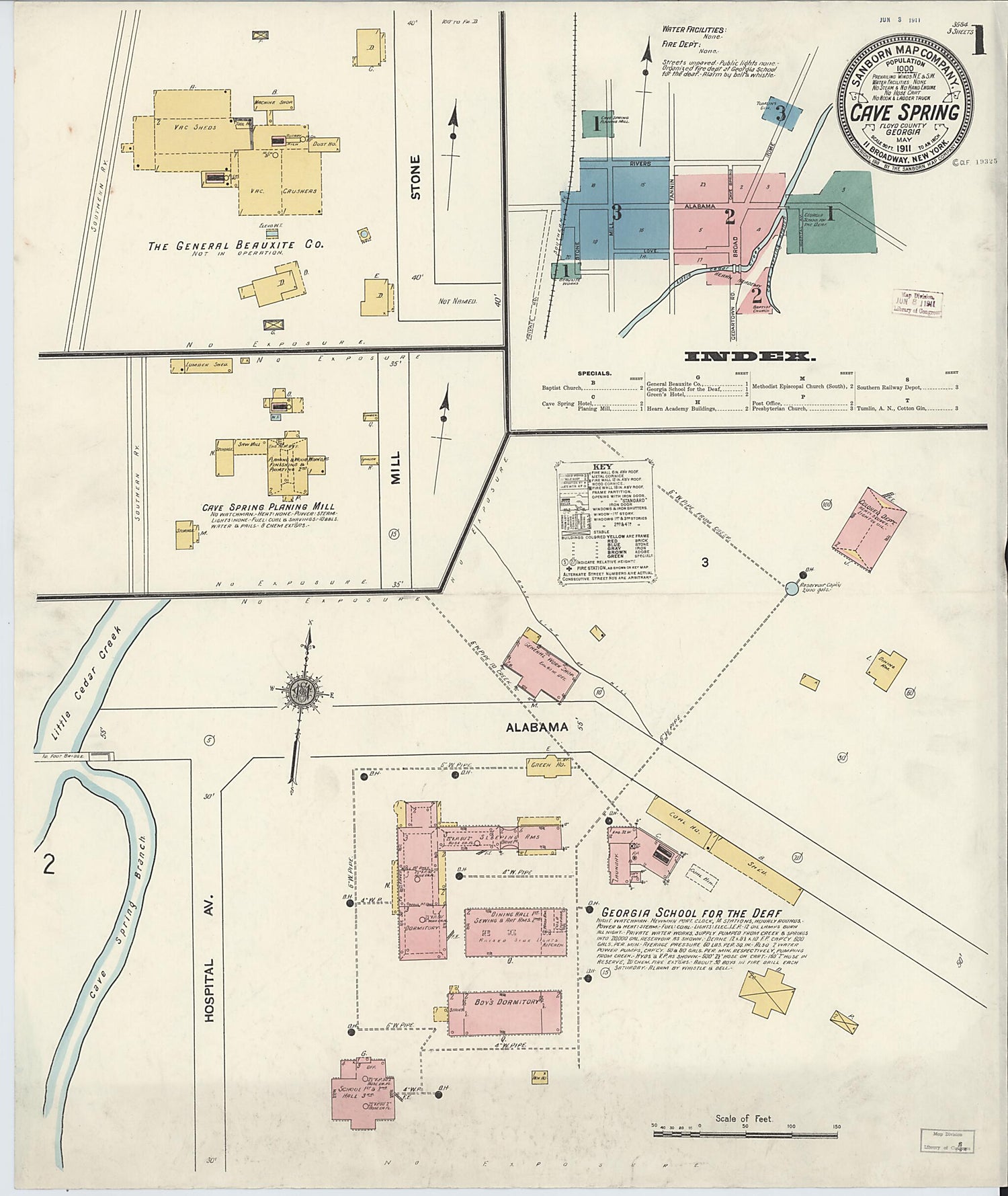 This old map of Cave Springs, Floyd County, Georgia was created by Sanborn Map Company in 1911