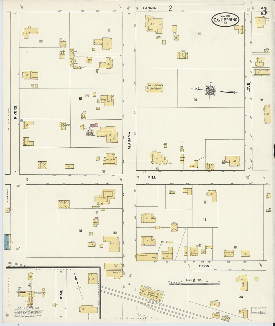 This old map of Cave Springs, Floyd County, Georgia was created by Sanborn Map Company in 1911