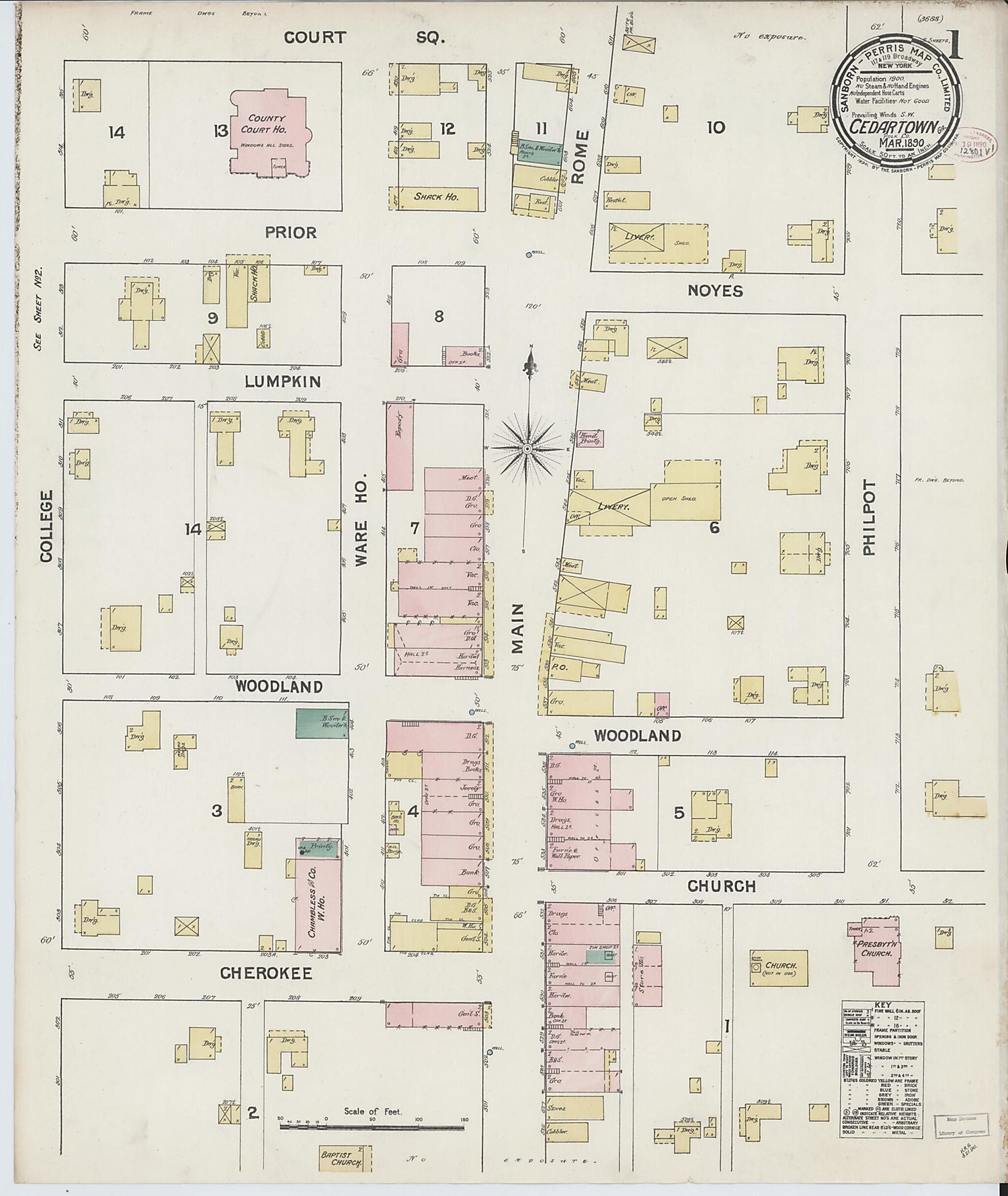 This old map of Cedartown, Polk County, Georgia was created by Sanborn Map Company in 1890