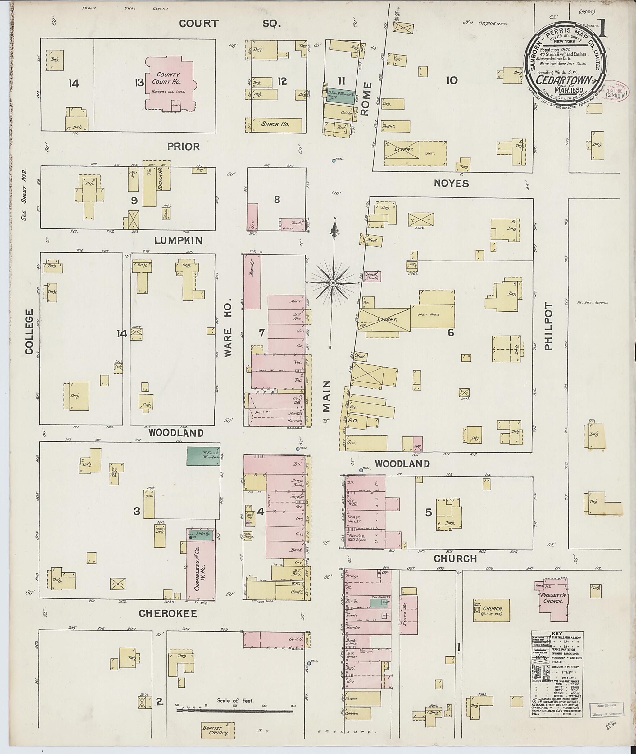 This old map of Cedartown, Polk County, Georgia was created by Sanborn Map Company in 1890