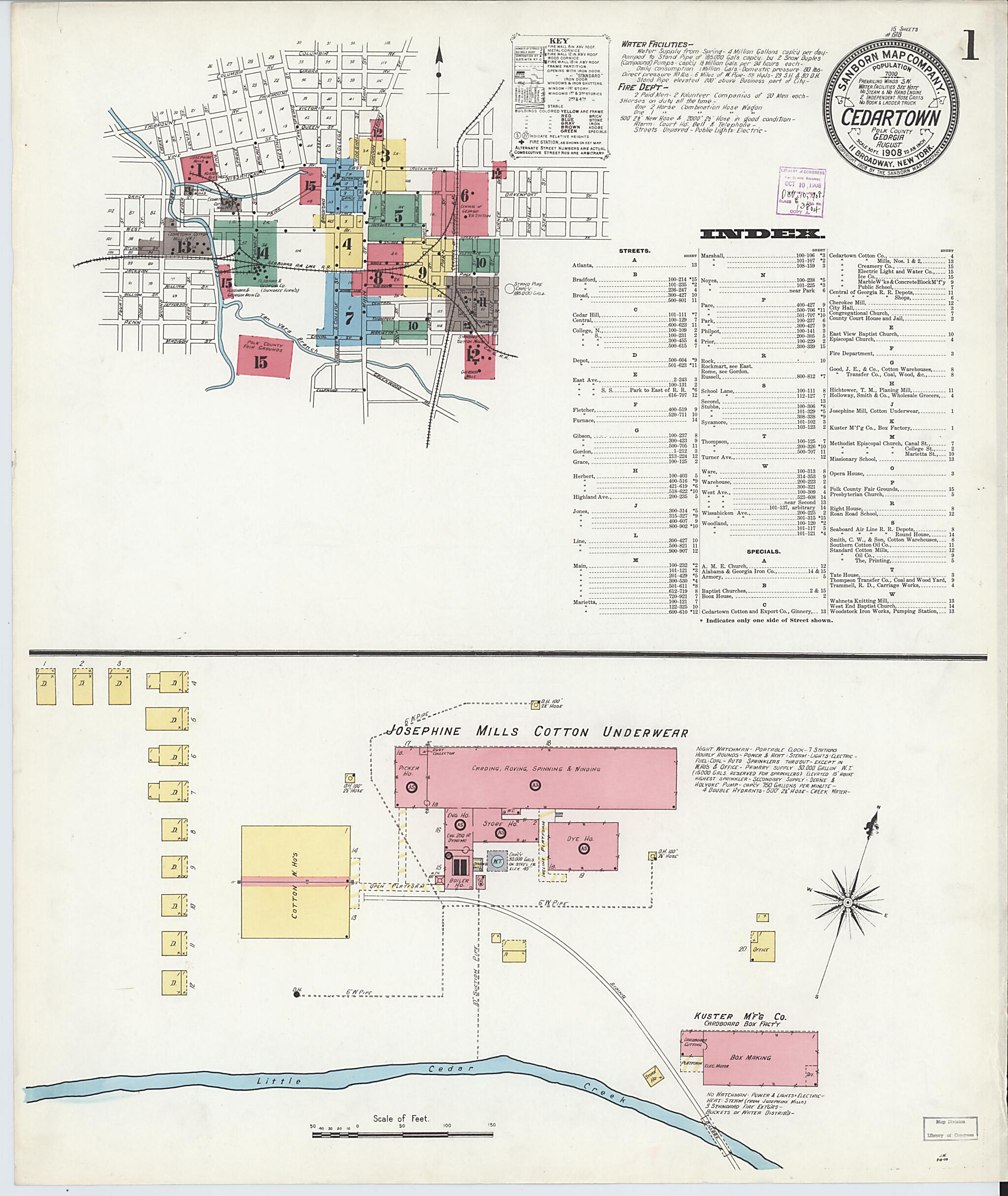 This old map of Cedartown, Polk County, Georgia was created by Sanborn Map Company in 1908