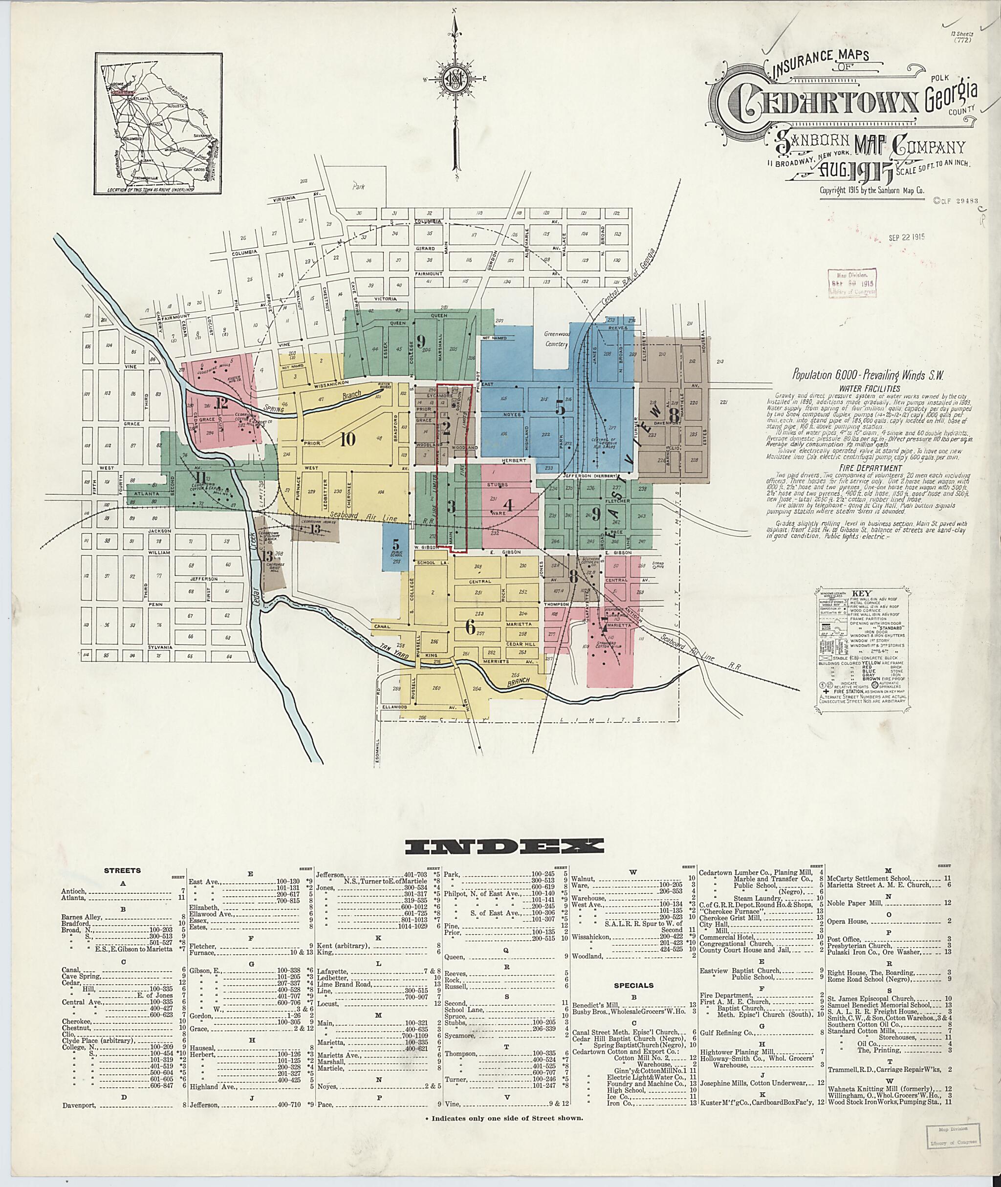 This old map of Cedartown, Polk County, Georgia was created by Sanborn Map Company in 1915