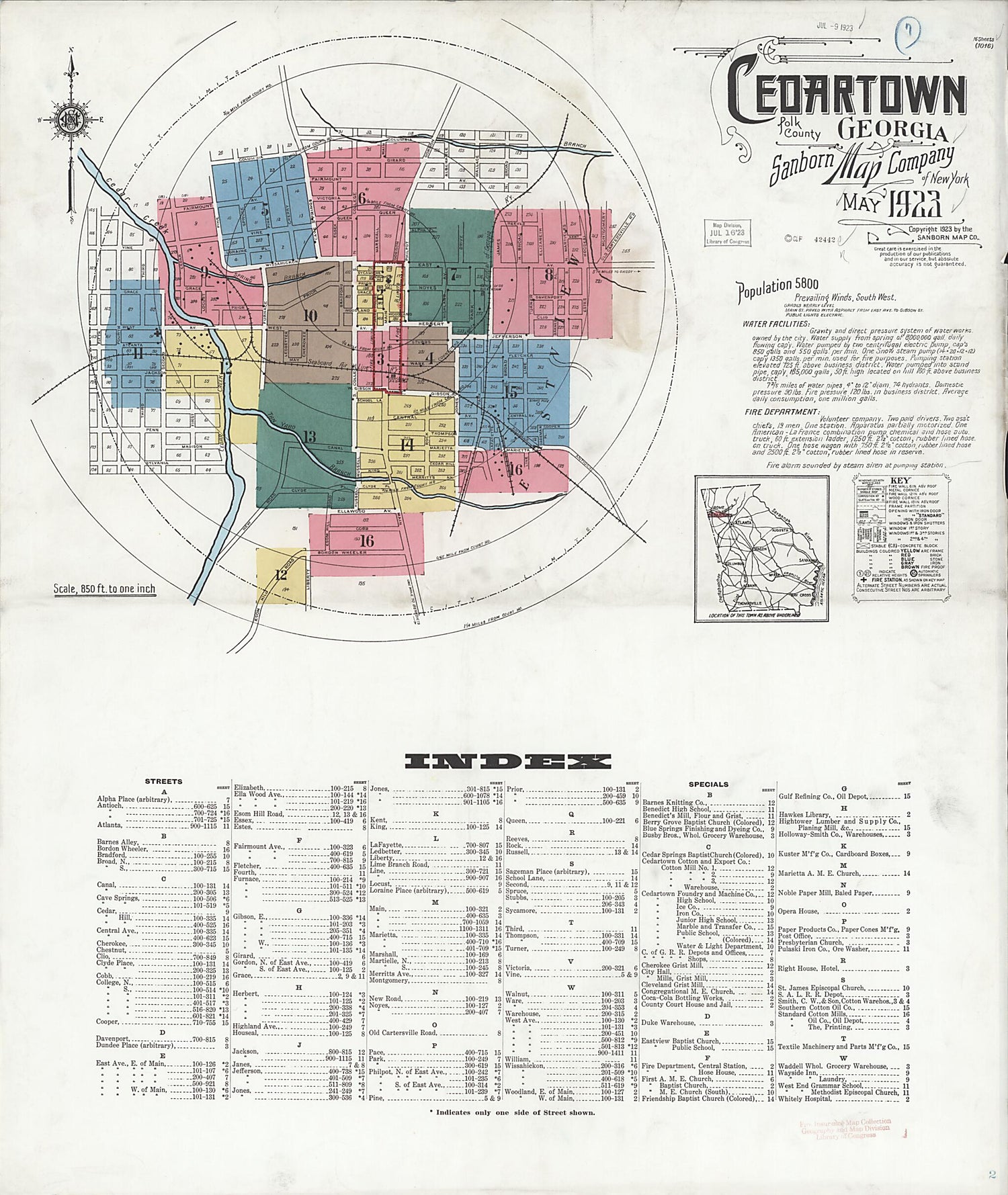 This old map of Cedartown, Polk County, Georgia was created by Sanborn Map Company in 1923