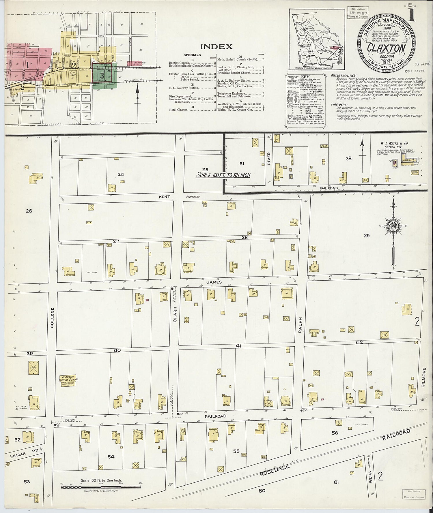 This old map of Claxton, Evans County, Georgia was created by Sanborn Map Company in 1917