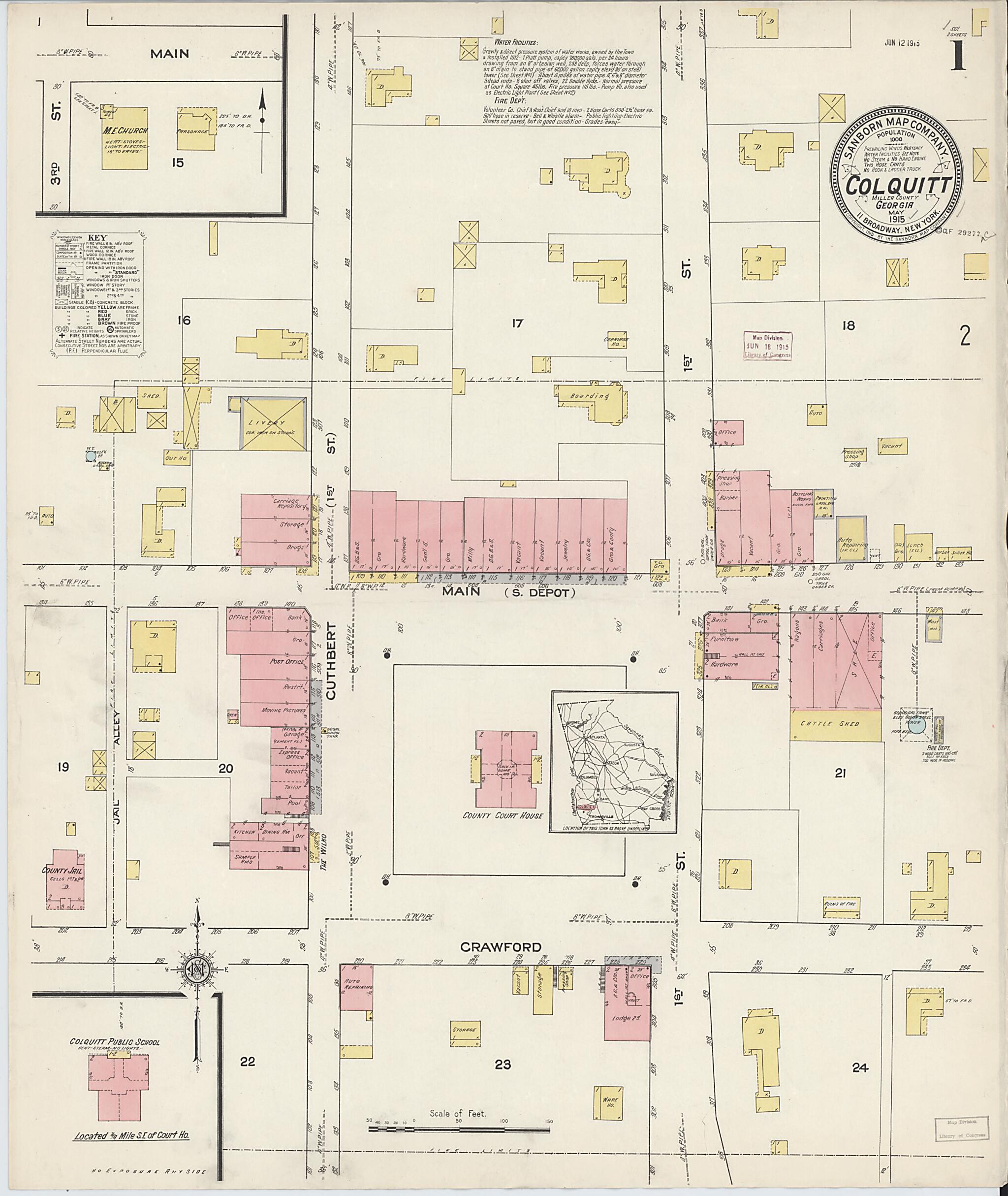 This old map of Colquitt, Miller County, Georgia was created by Sanborn Map Company in 1915