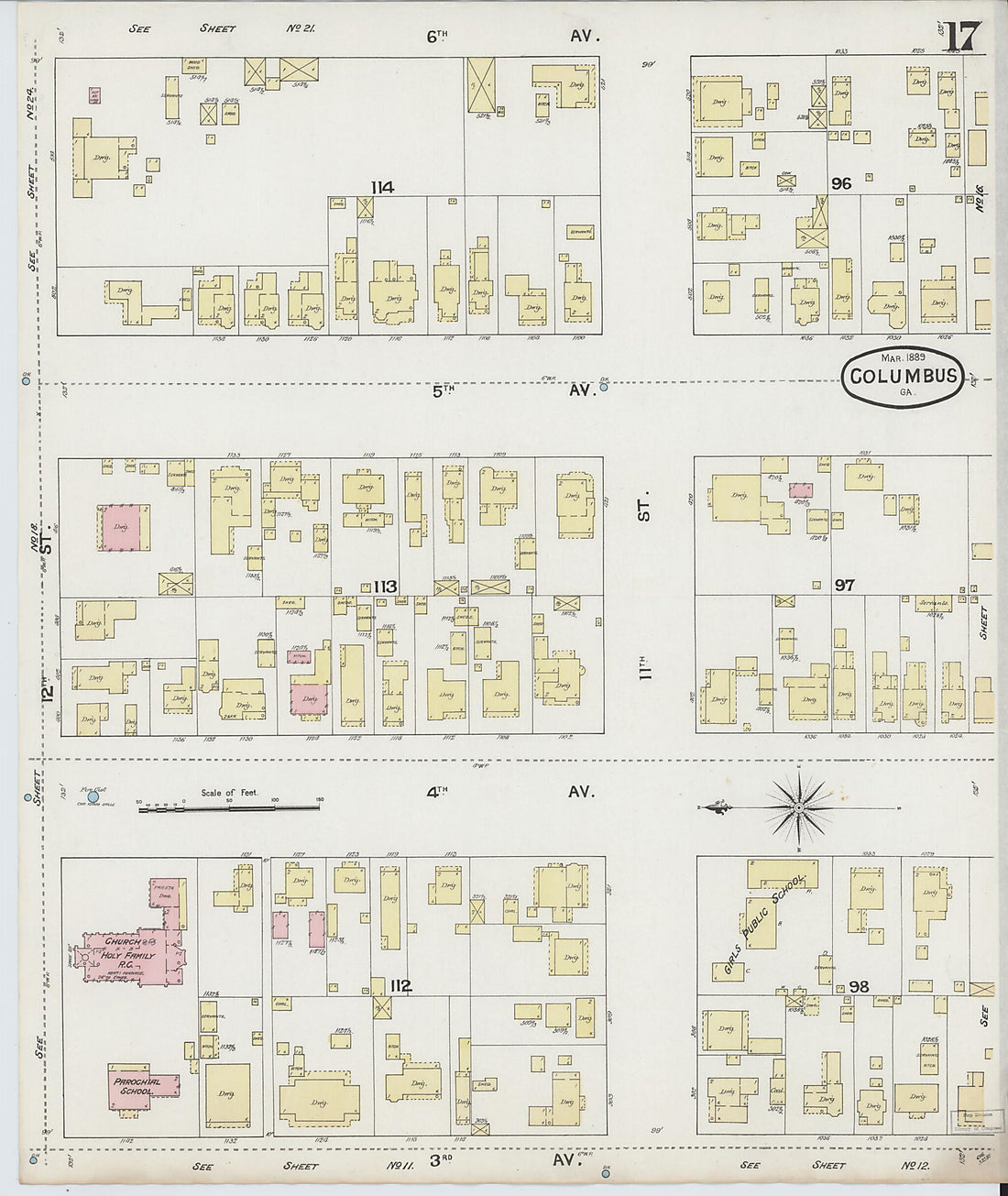 This old map of Columbus, Muscogee County, Georgia was created by Sanborn Map Company in 1889